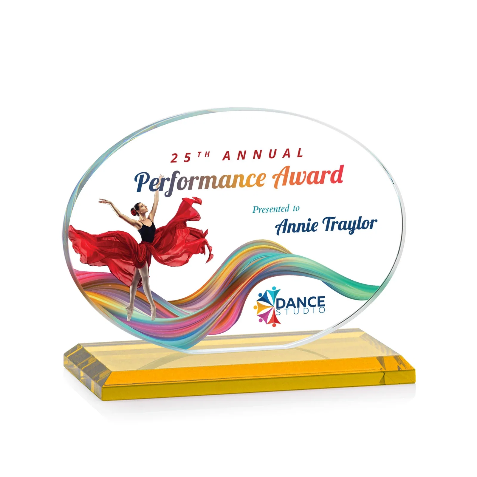 Branded Starfire Crystal Oval Award on Beveled Base, Horizontal or Vertical, awards for company anniversary events