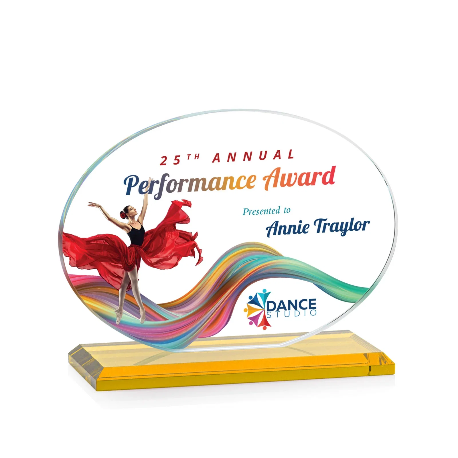 Custom printed Starfire Crystal Oval Award on Beveled Base, Horizontal or Vertical, awards for employee recognition