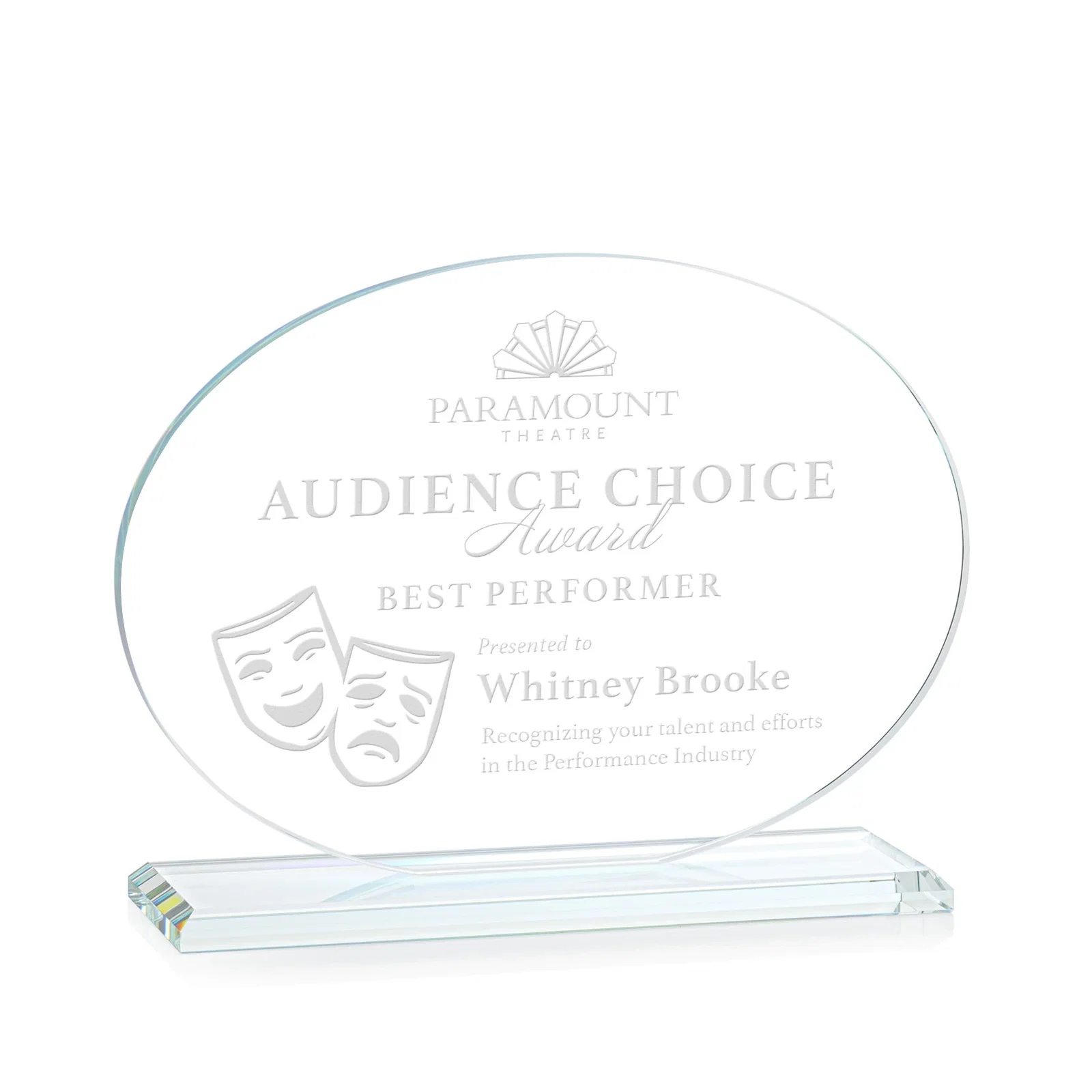 Custom Starfire Crystal Oval Award on Beveled Base, Horizontal or Vertical, awards for retirement presentations
