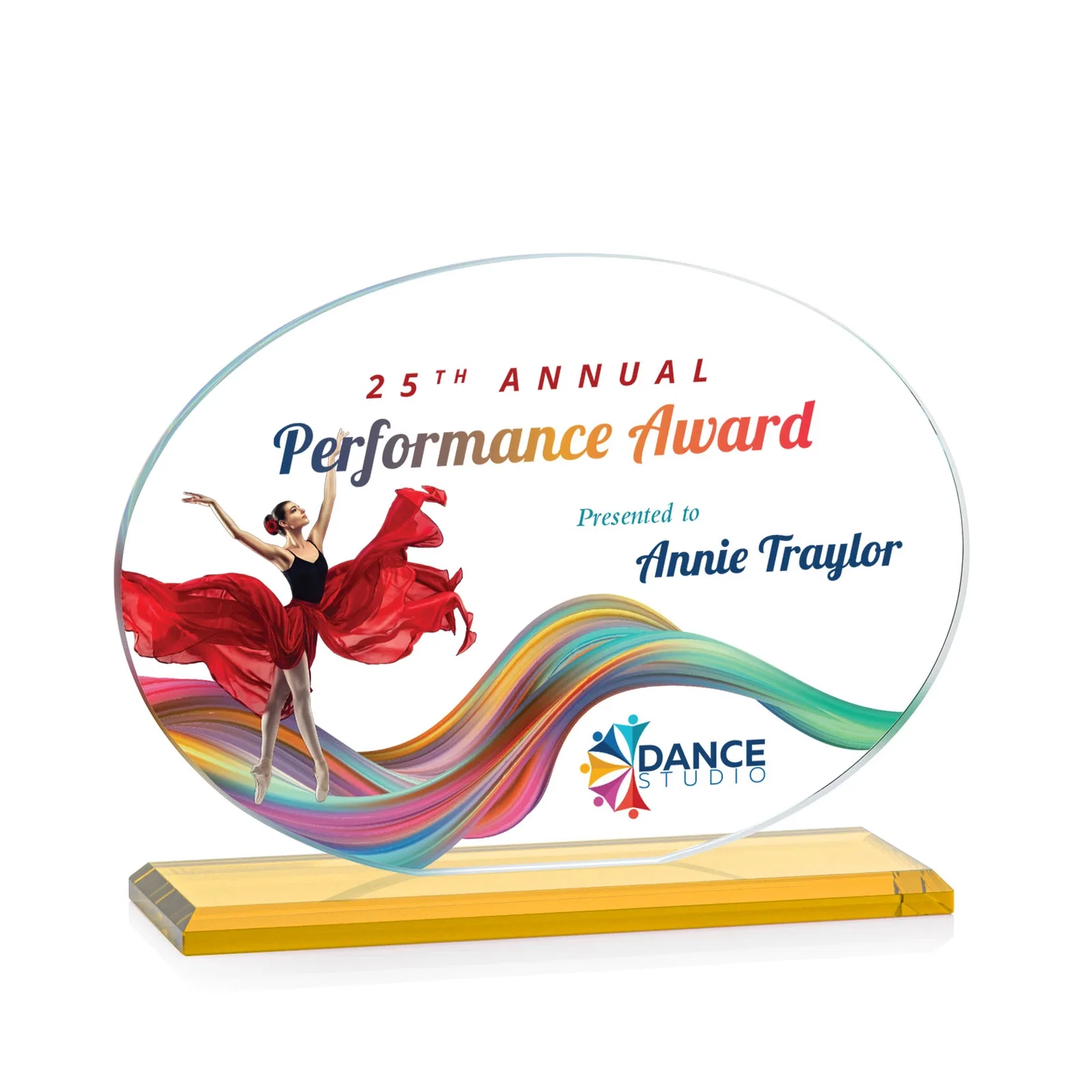 Custom printed Starfire Crystal Oval Award on Beveled Base, Horizontal or Vertical, awards for corporate award ceremonies