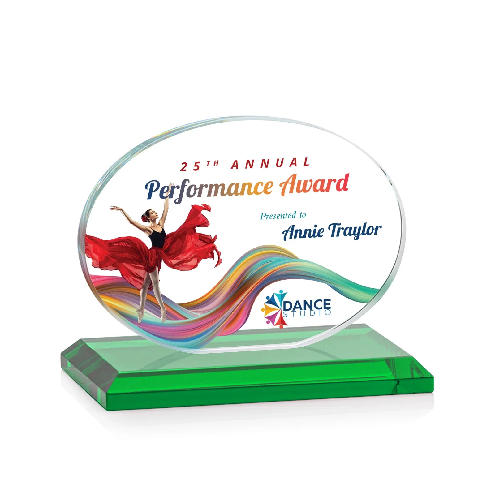 Custom printed Starfire Crystal Oval Award on Beveled Base, Horizontal or Vertical, awards for sales achievement awards