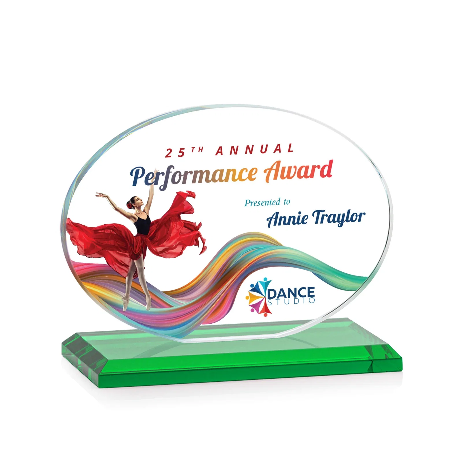 Custom printed Starfire Crystal Oval Award on Beveled Base, Horizontal or Vertical, awards for retirement presentations