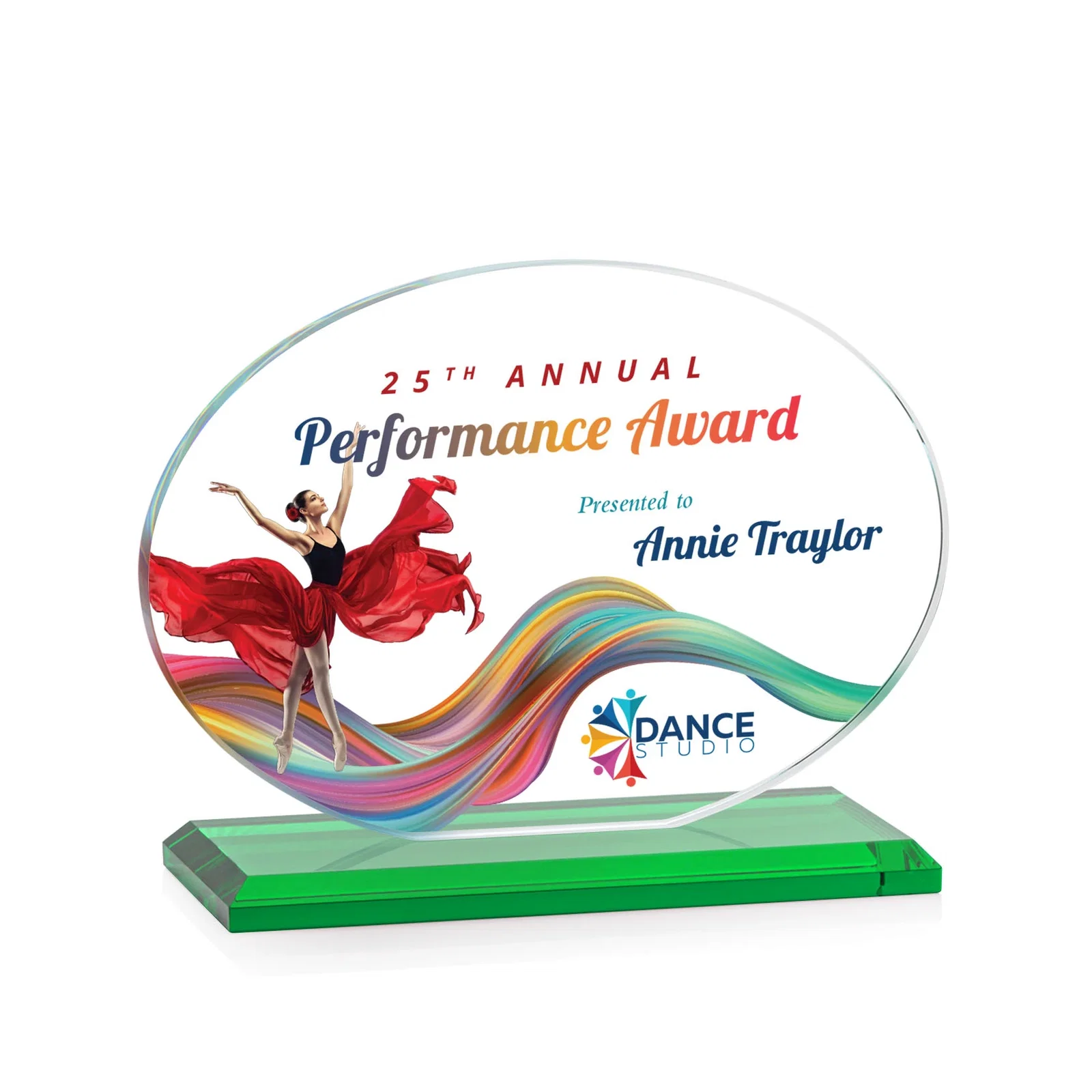 Custom printed Starfire Crystal Oval Award on Beveled Base, Horizontal or Vertical, awards for team milestone celebrations