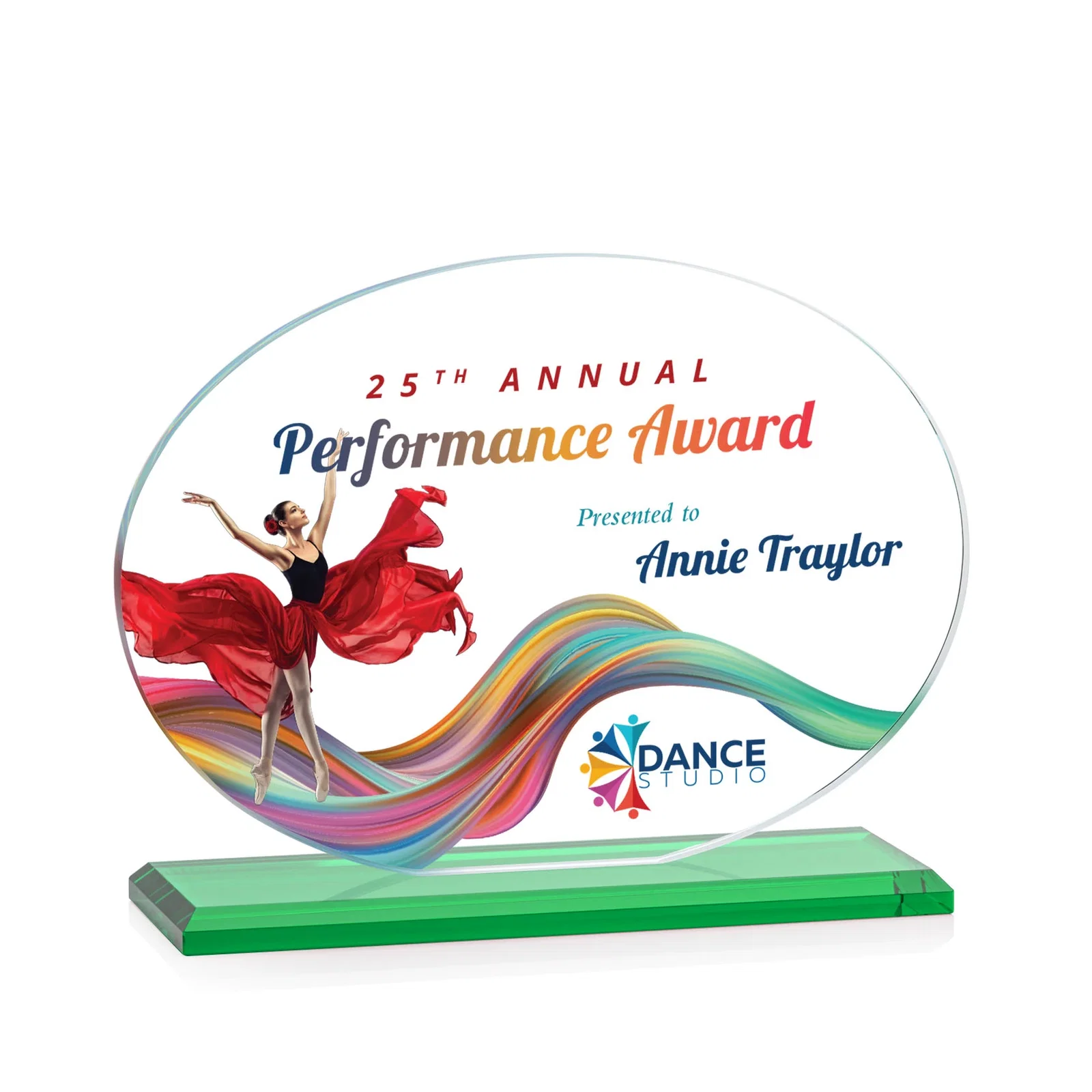 Custom printed Starfire Crystal Oval Award on Beveled Base, Horizontal or Vertical, awards for donor appreciation