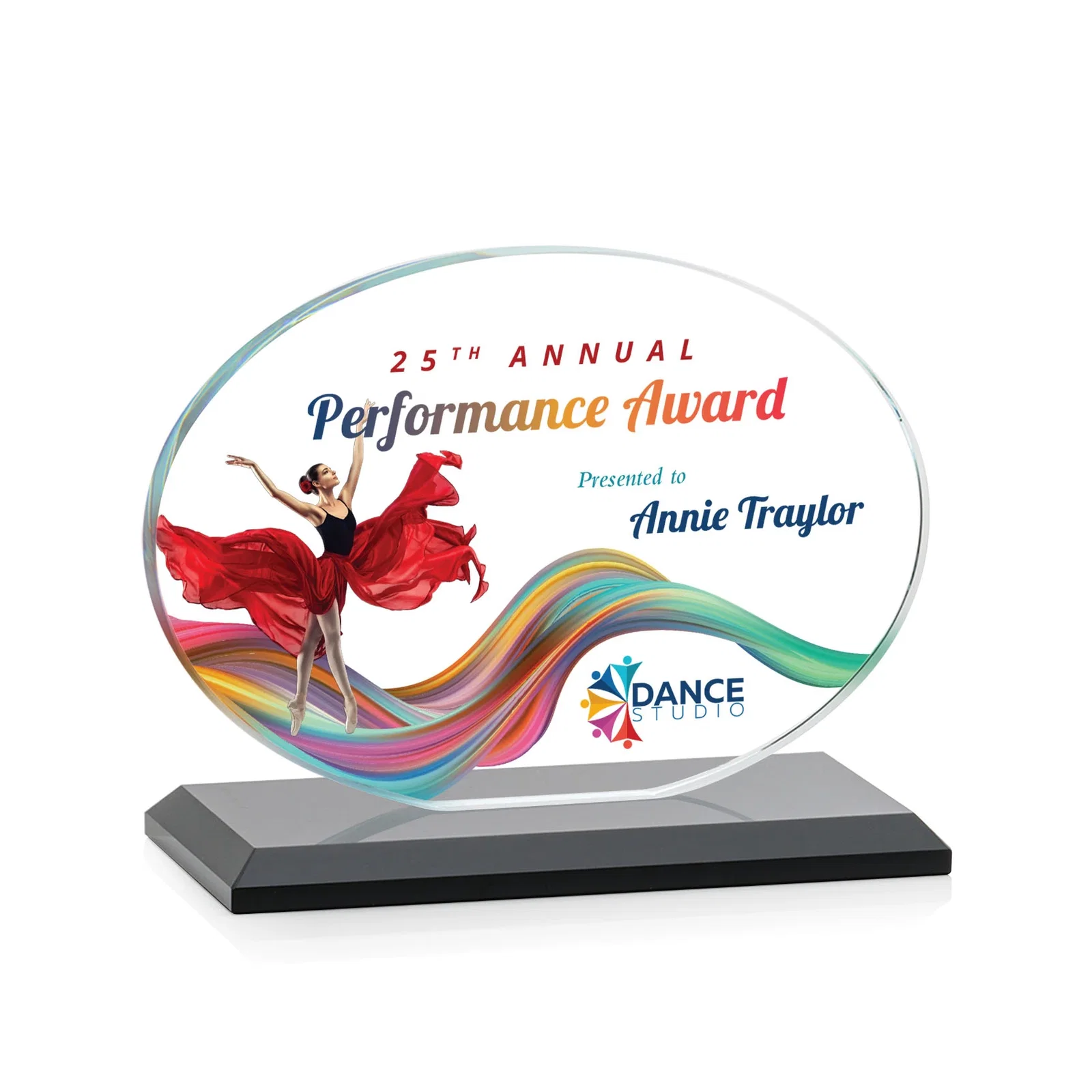 Custom printed Starfire Crystal Oval Award on Beveled Base, Horizontal or Vertical, awards for volunteer appreciation