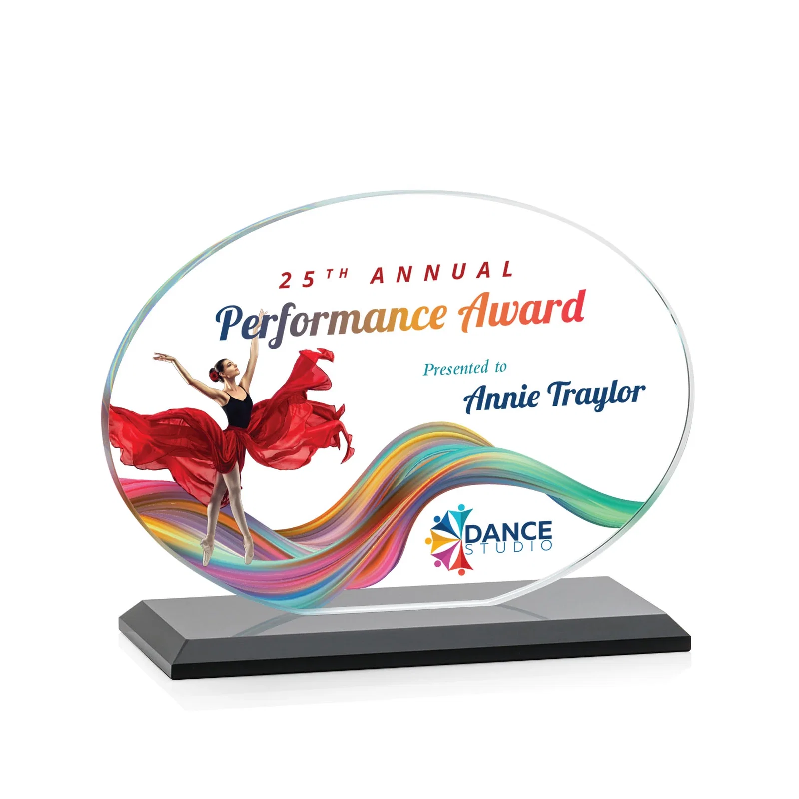 Custom printed Starfire Crystal Oval Award on Beveled Base, Horizontal or Vertical, awards for dealer and partner awards