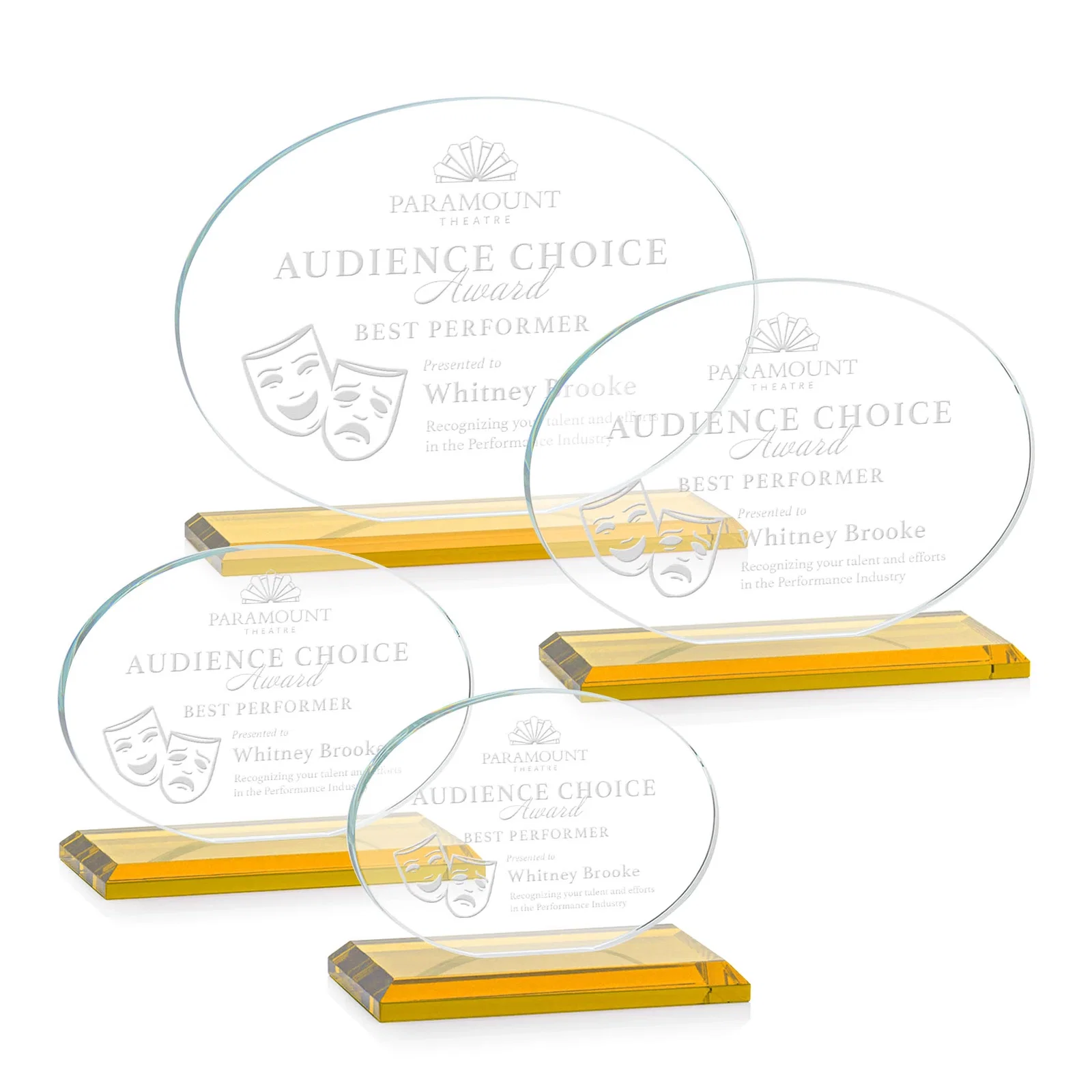 Custom Starfire Crystal Oval Award on Beveled Base, Horizontal or Vertical, awards for team milestone celebrations