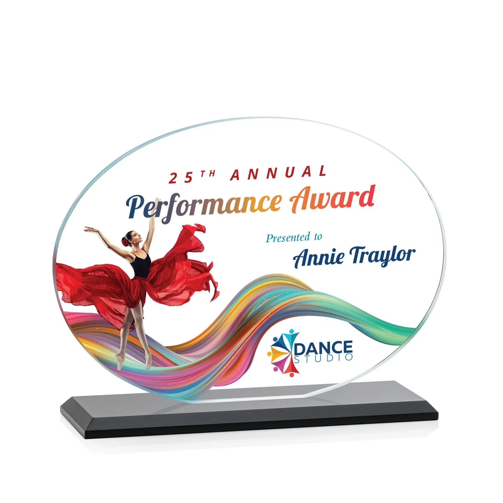 Custom printed Starfire Crystal Oval Award on Beveled Base, Horizontal or Vertical, awards for company anniversary events