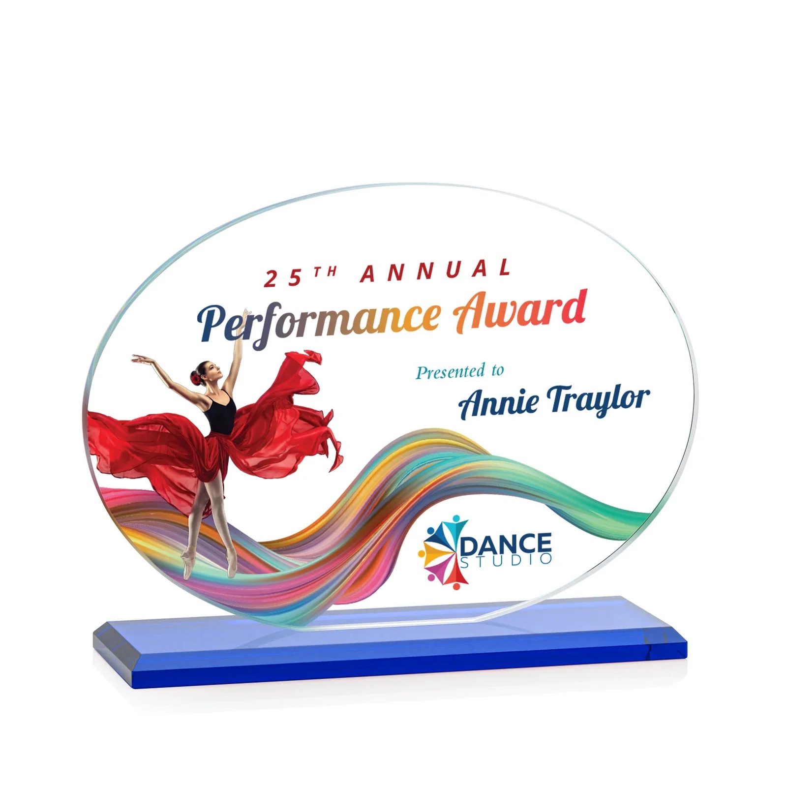 Customized Starfire Crystal Oval Award on Beveled Base, Horizontal or Vertical, awards for retirement presentations