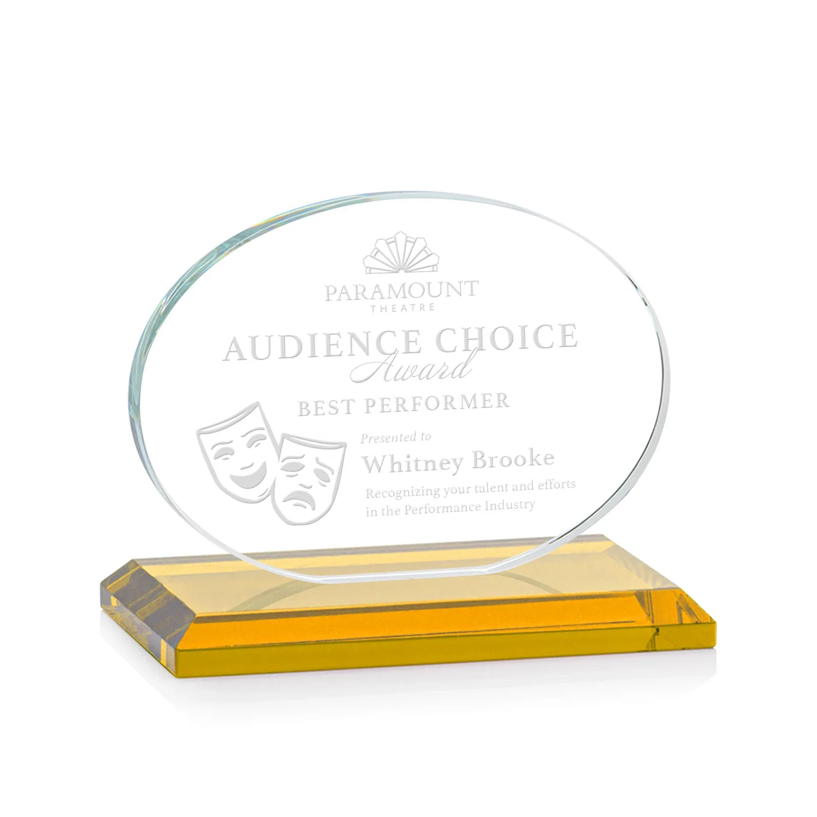 Custom Starfire Crystal Oval Award on Beveled Base, Horizontal or Vertical, awards for donor appreciation