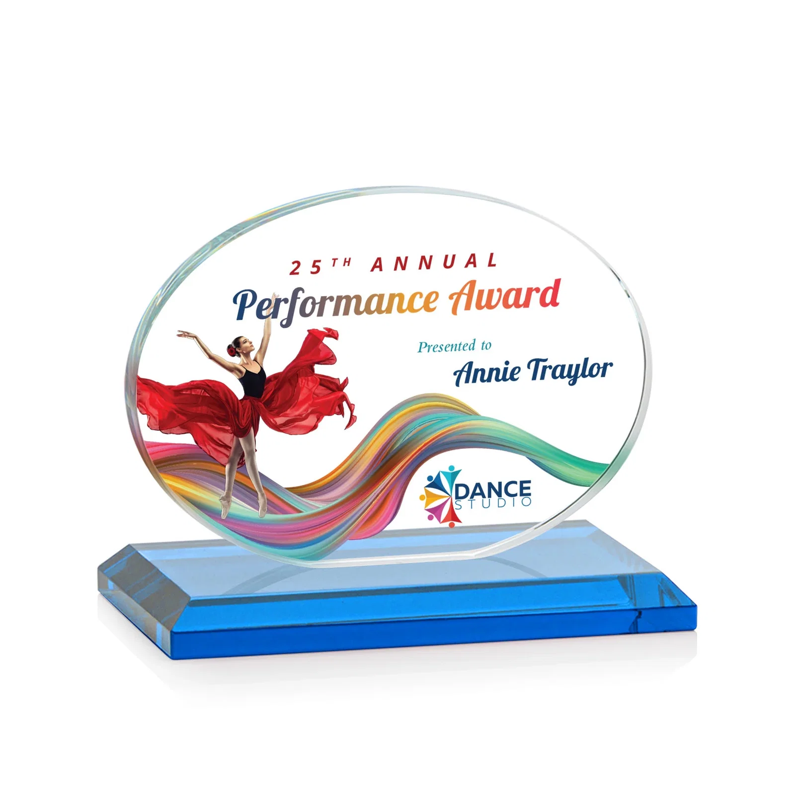 Customized Starfire Crystal Oval Award on Beveled Base, Horizontal or Vertical, awards for company anniversary events