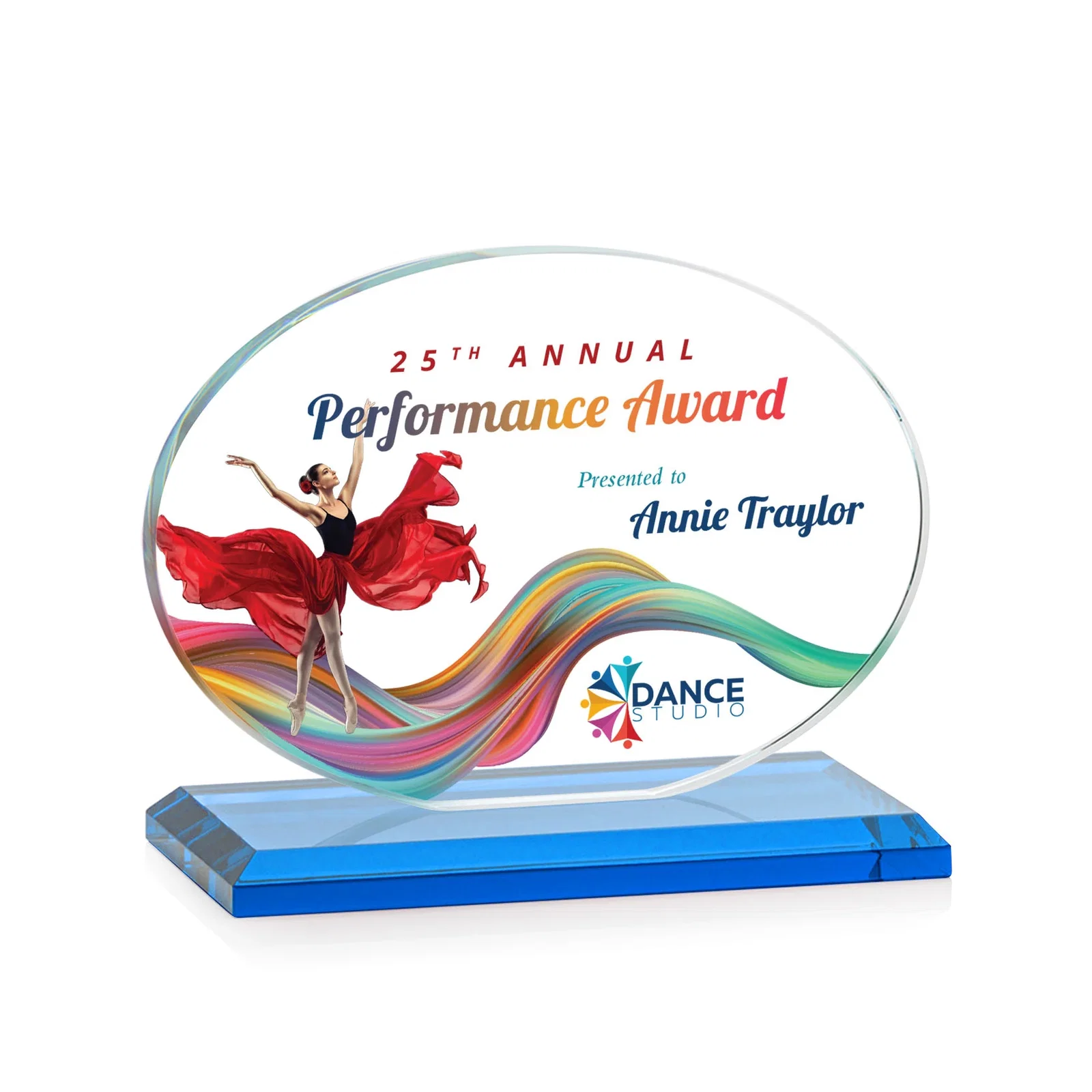 Custom engraved Starfire Crystal Oval Award on Beveled Base, Horizontal or Vertical, awards for employee recognition
