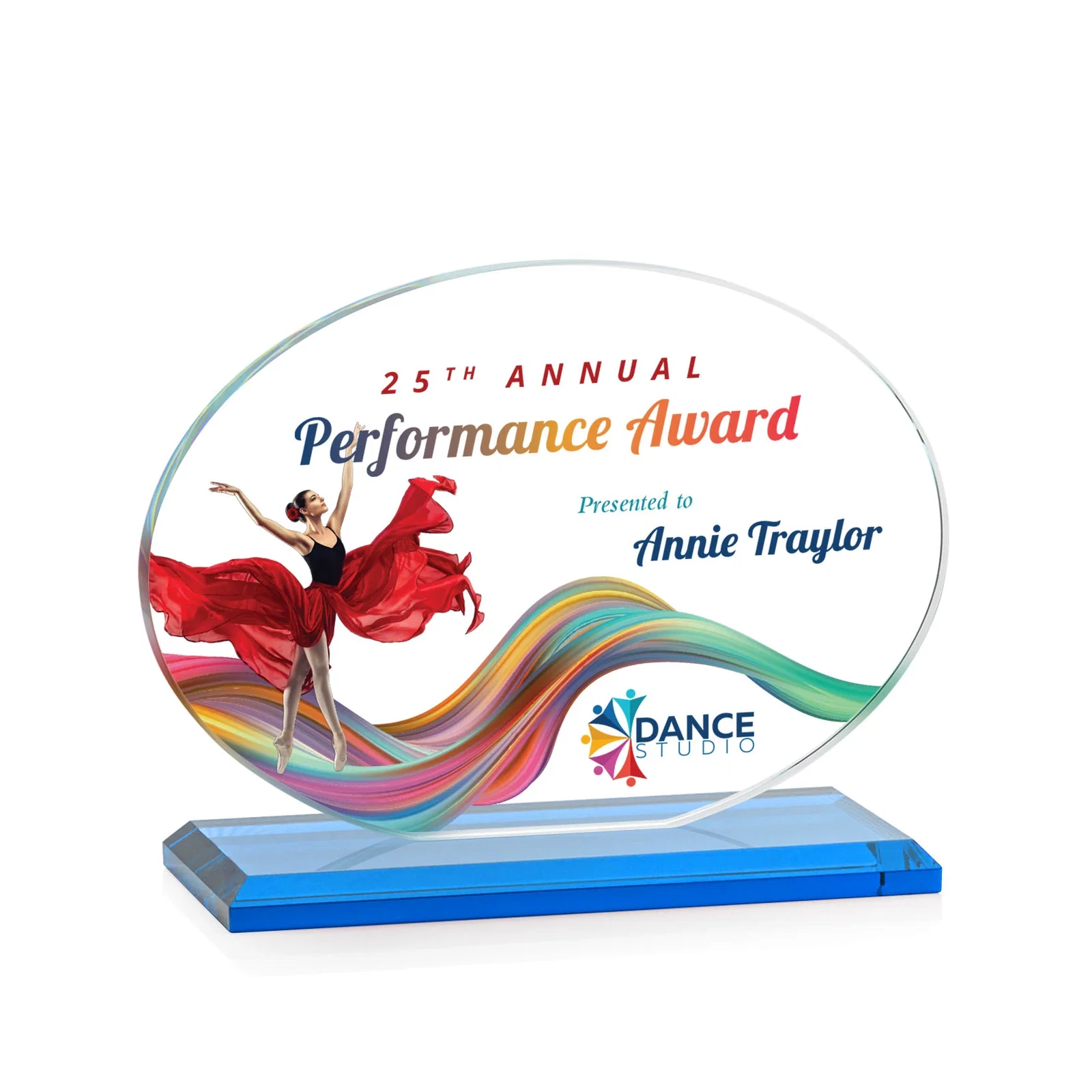 Custom engraved Starfire Crystal Oval Award on Beveled Base, Horizontal or Vertical, awards for corporate award ceremonies