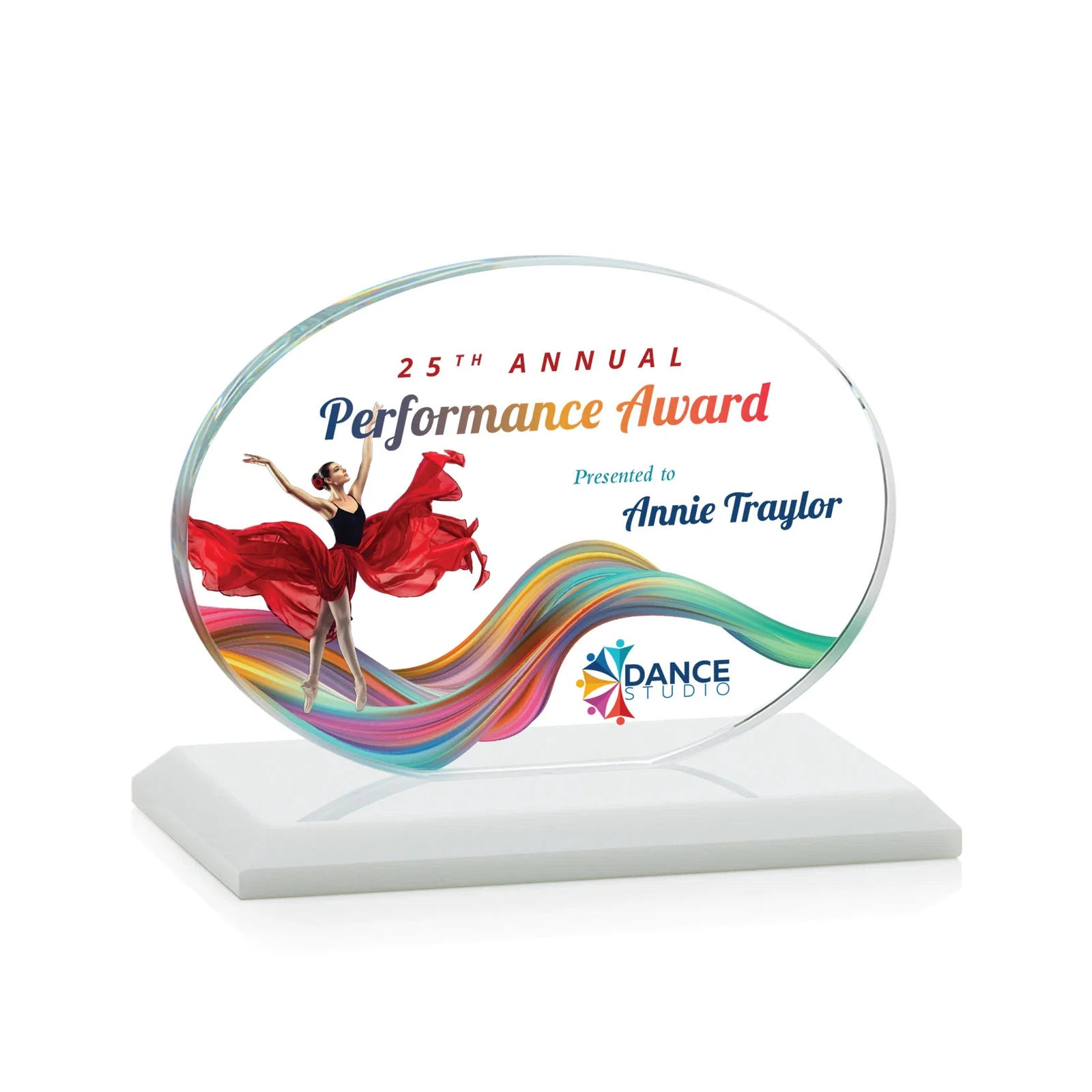 Custom engraved Starfire Crystal Oval Award on Beveled Base, Horizontal or Vertical, awards for retirement presentations