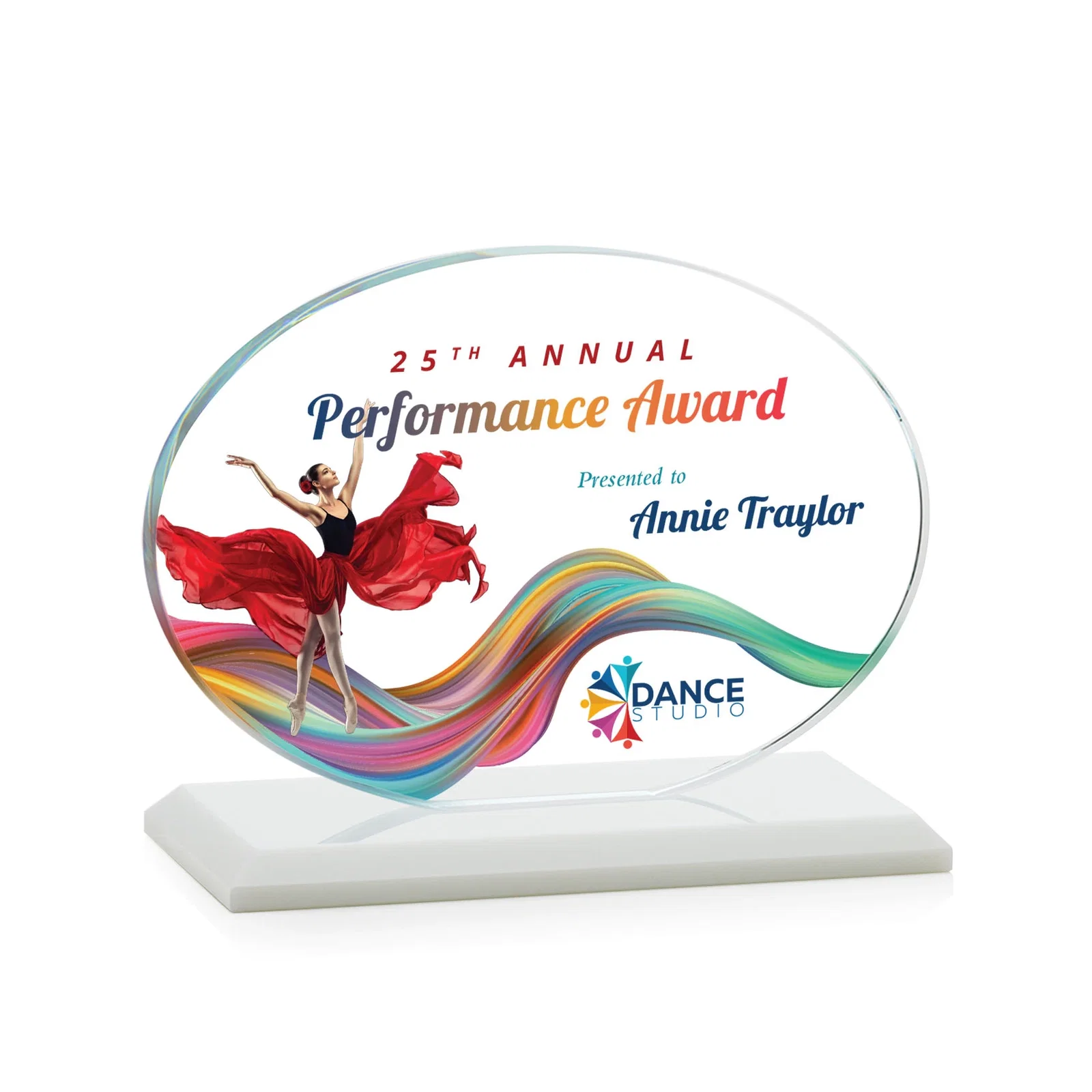 Custom engraved Starfire Crystal Oval Award on Beveled Base, Horizontal or Vertical, awards for team milestone celebrations