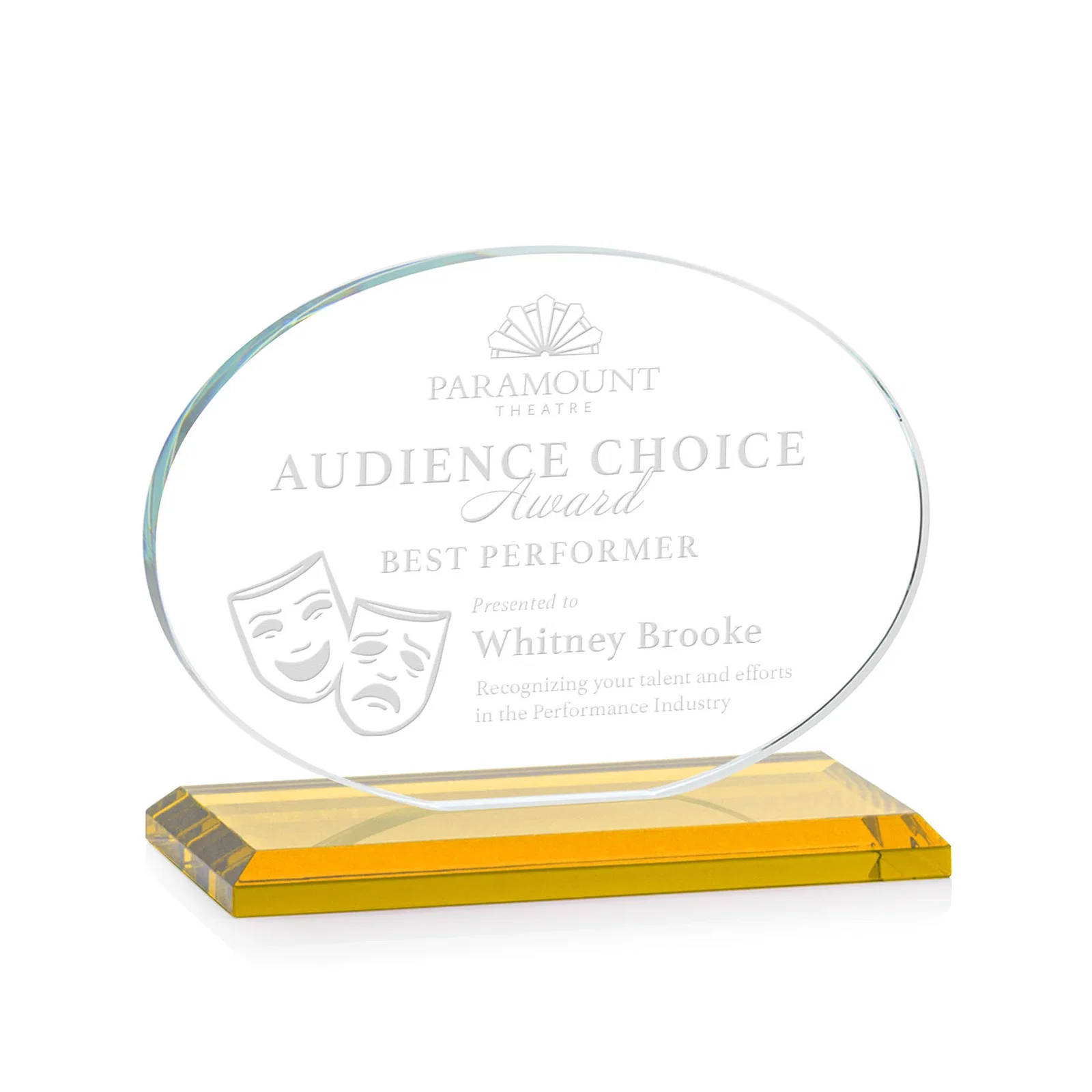 Custom Starfire Crystal Oval Award on Beveled Base, Horizontal or Vertical, awards for graduation ceremonies