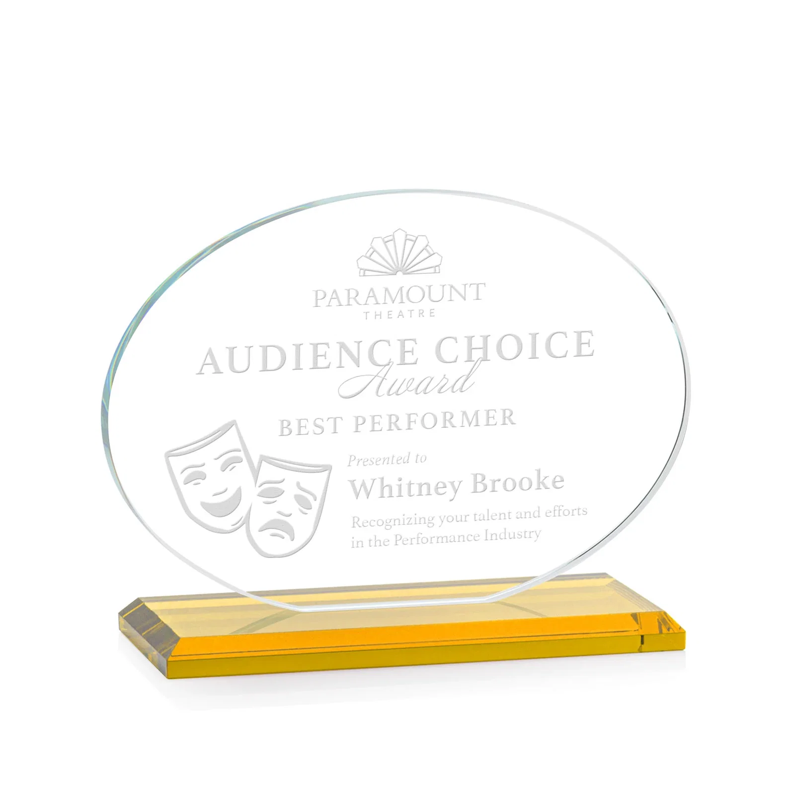 Custom Starfire Crystal Oval Award on Beveled Base, Horizontal or Vertical, awards for safety achievement programs