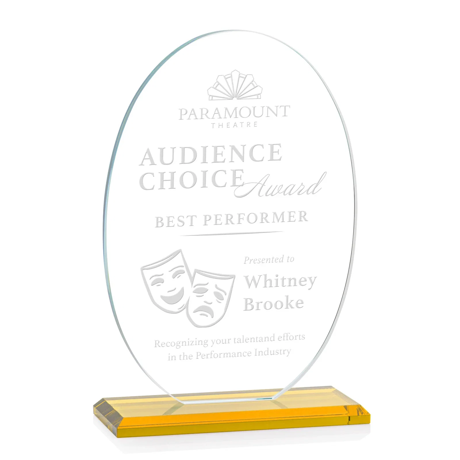 Custom Starfire Crystal Half-Inch-Thick Oval Award, awards for volunteer appreciation
