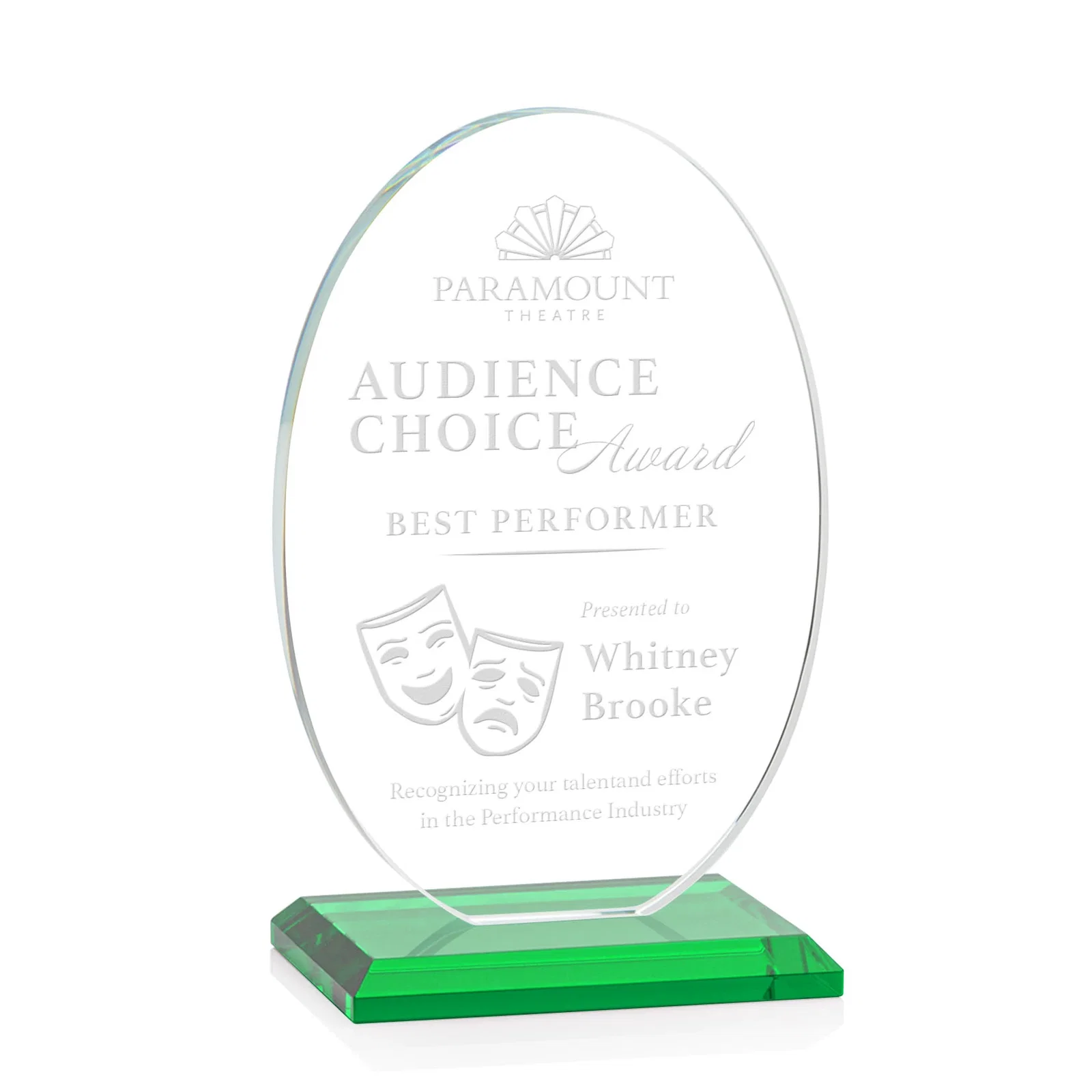 Personalized Starfire Crystal Half-Inch-Thick Oval Award, awards for employee recognition