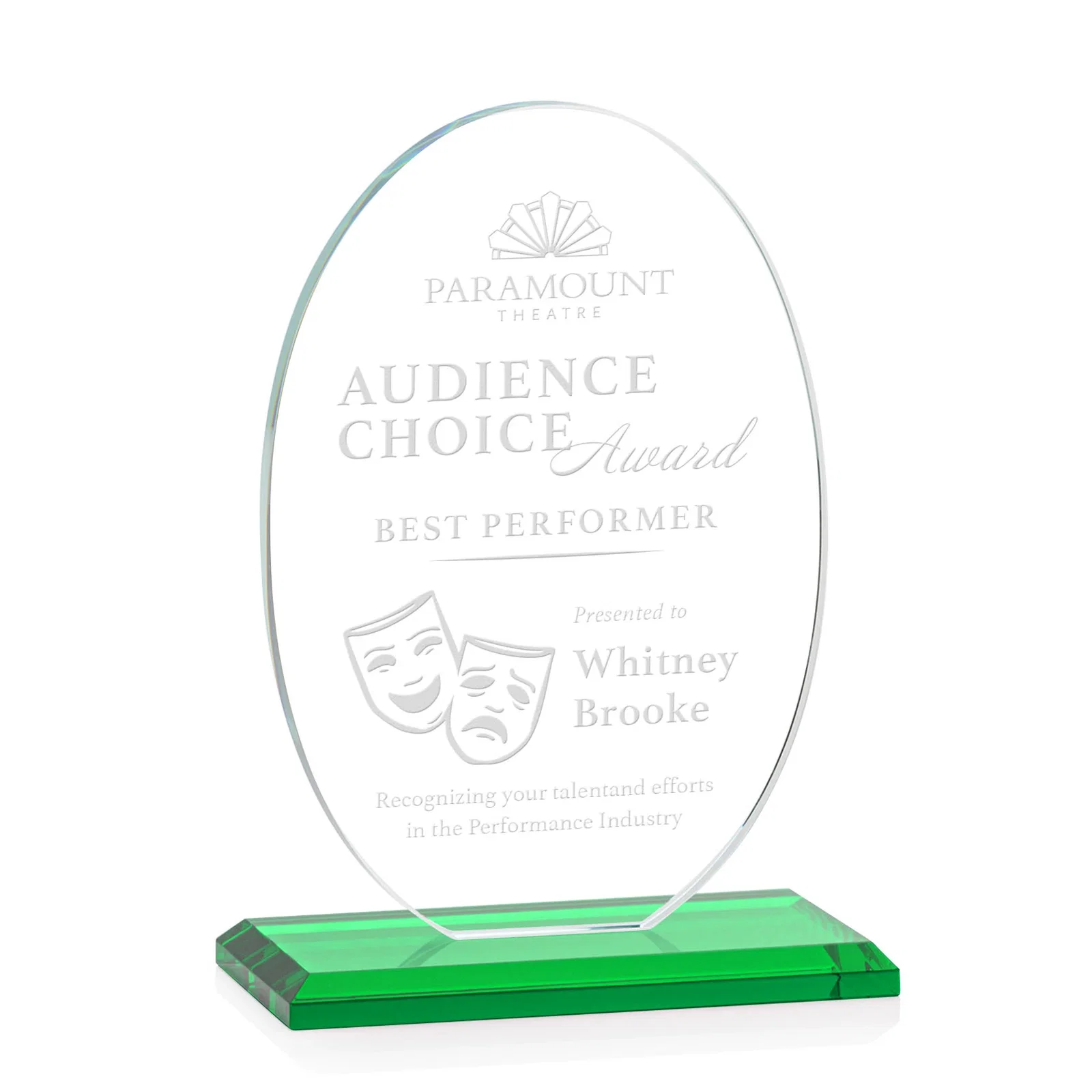 Personalized Starfire Crystal Half-Inch-Thick Oval Award, awards for corporate award ceremonies