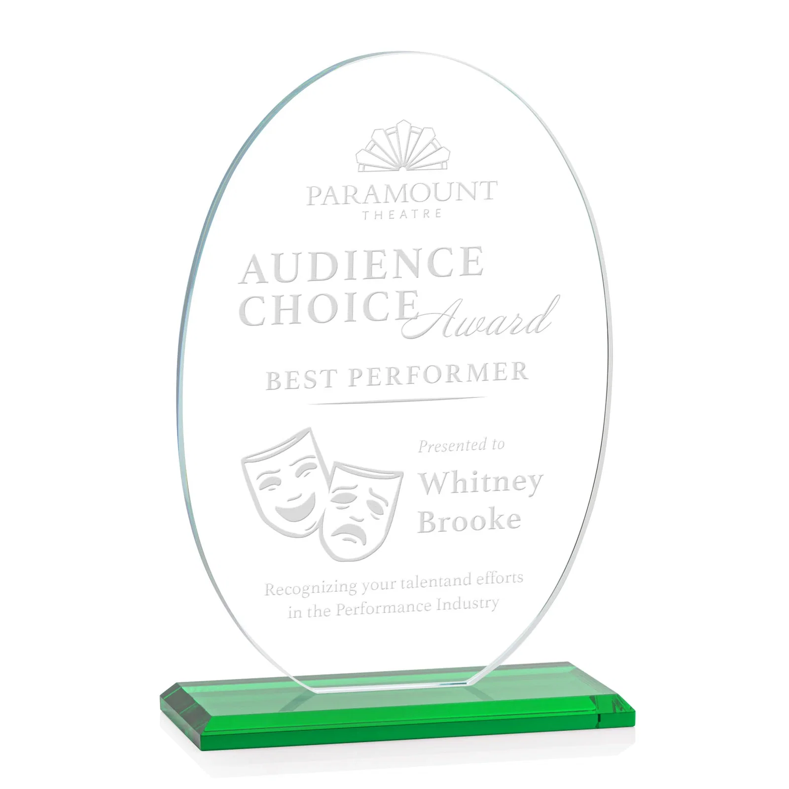 Personalized Starfire Crystal Half-Inch-Thick Oval Award, awards for service anniversary gifts