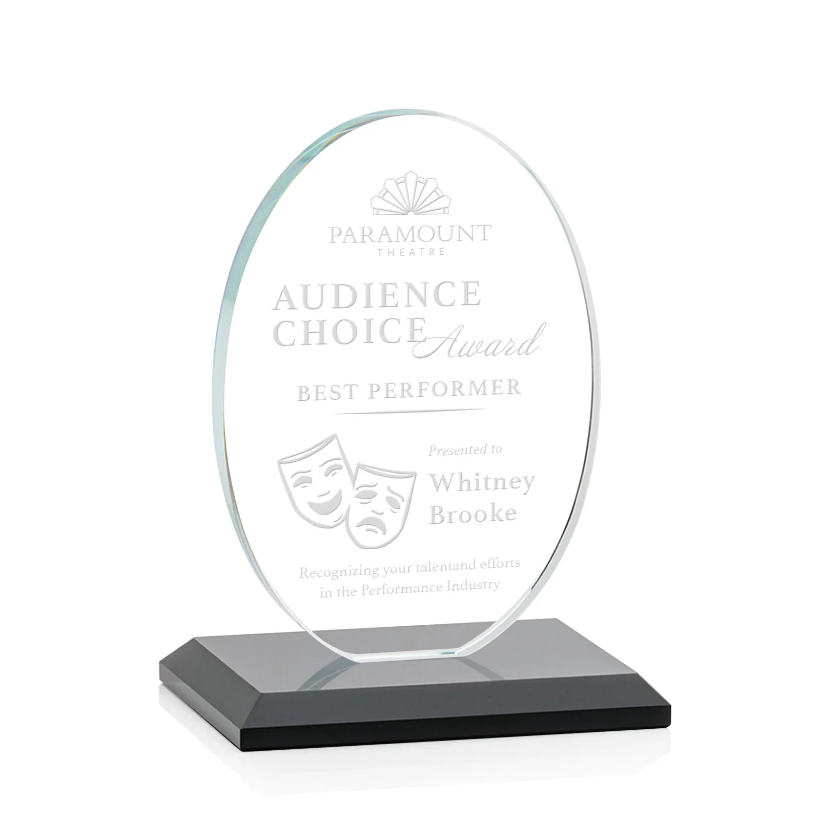 Personalized Starfire Crystal Half-Inch-Thick Oval Award, awards for retirement presentations