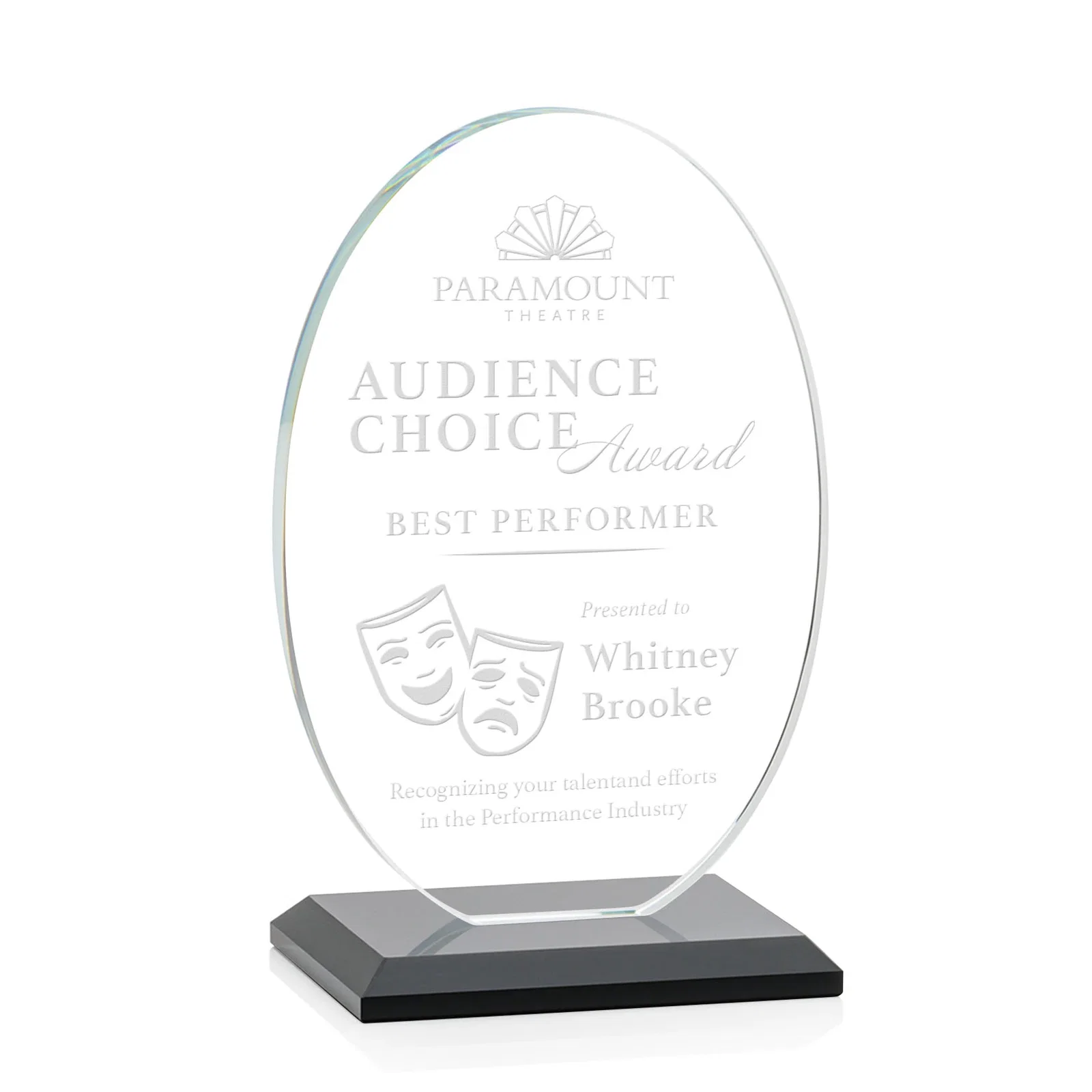Personalized Starfire Crystal Half-Inch-Thick Oval Award, awards for team milestone celebrations