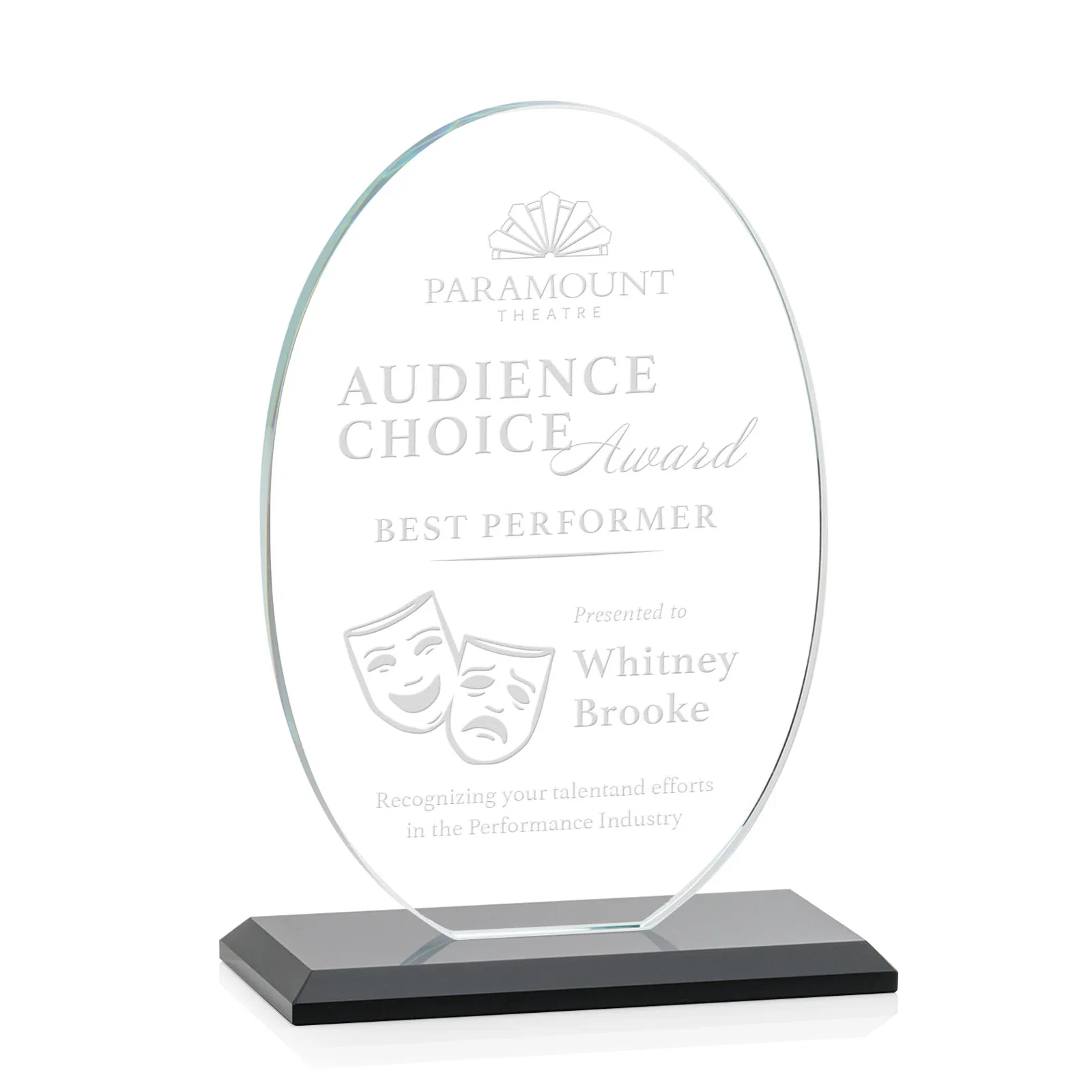 Personalized Starfire Crystal Half-Inch-Thick Oval Award, awards for donor appreciation