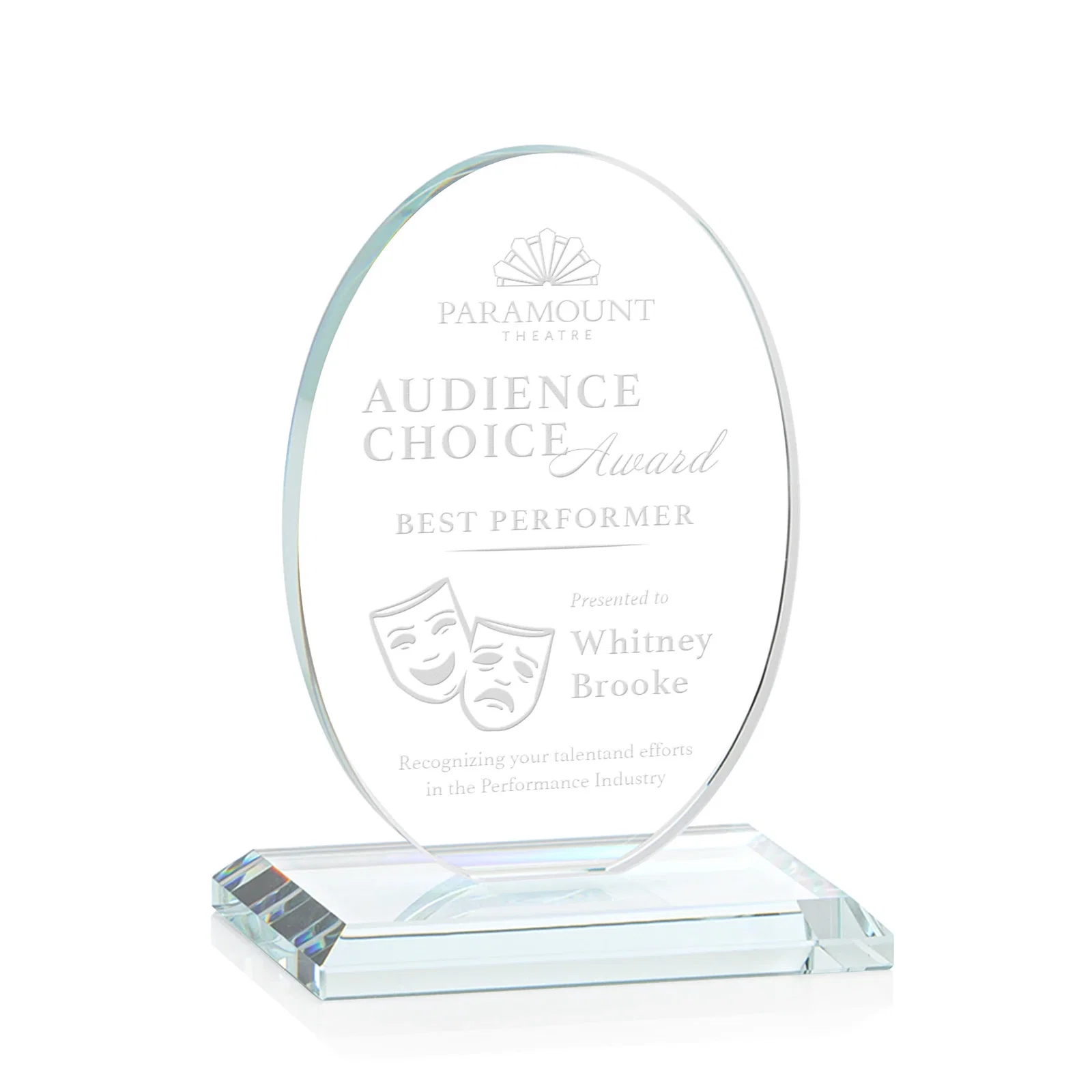 Custom Starfire Crystal Half-Inch-Thick Oval Award, awards for corporate award ceremonies