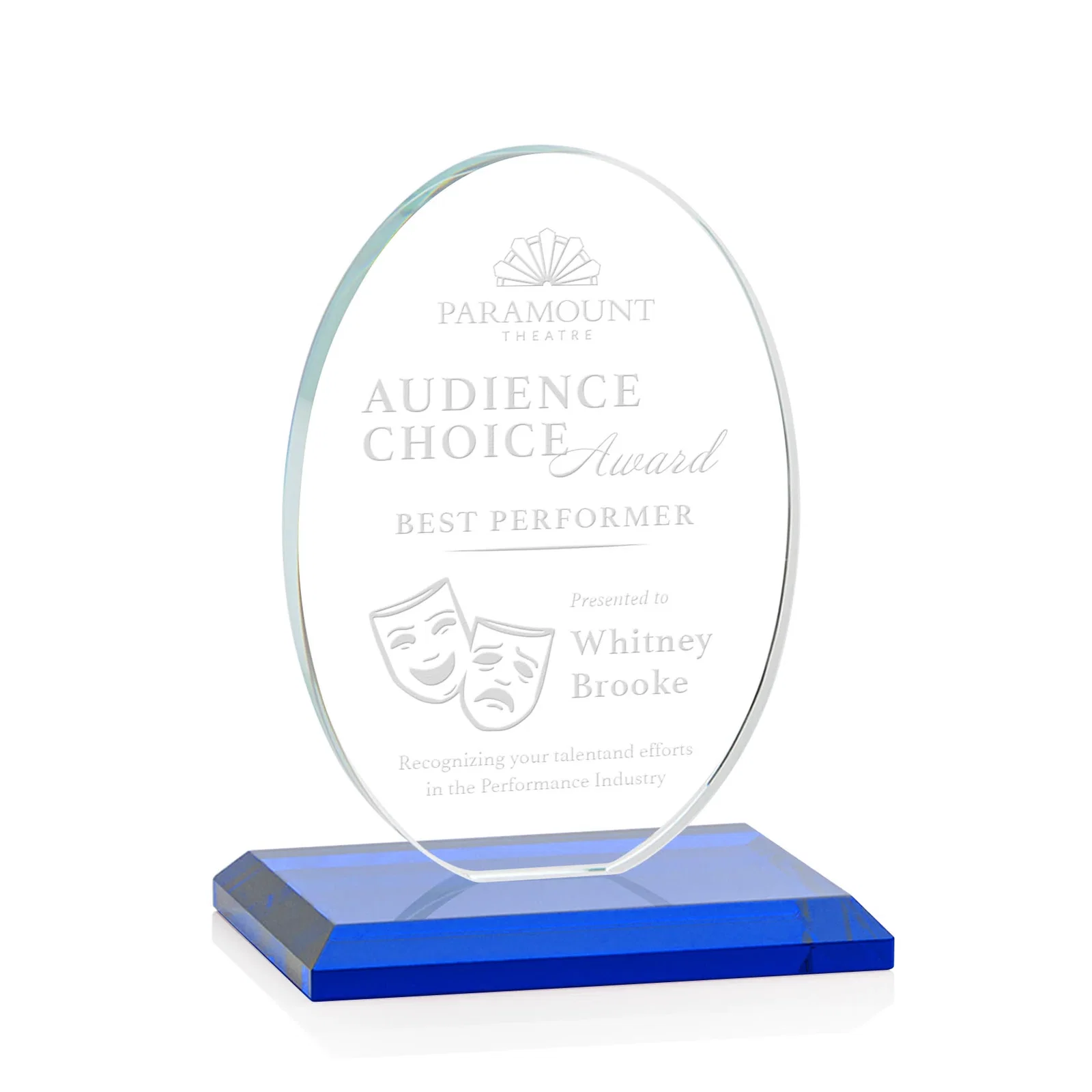 Personalized Starfire Crystal Half-Inch-Thick Oval Award, awards for volunteer appreciation
