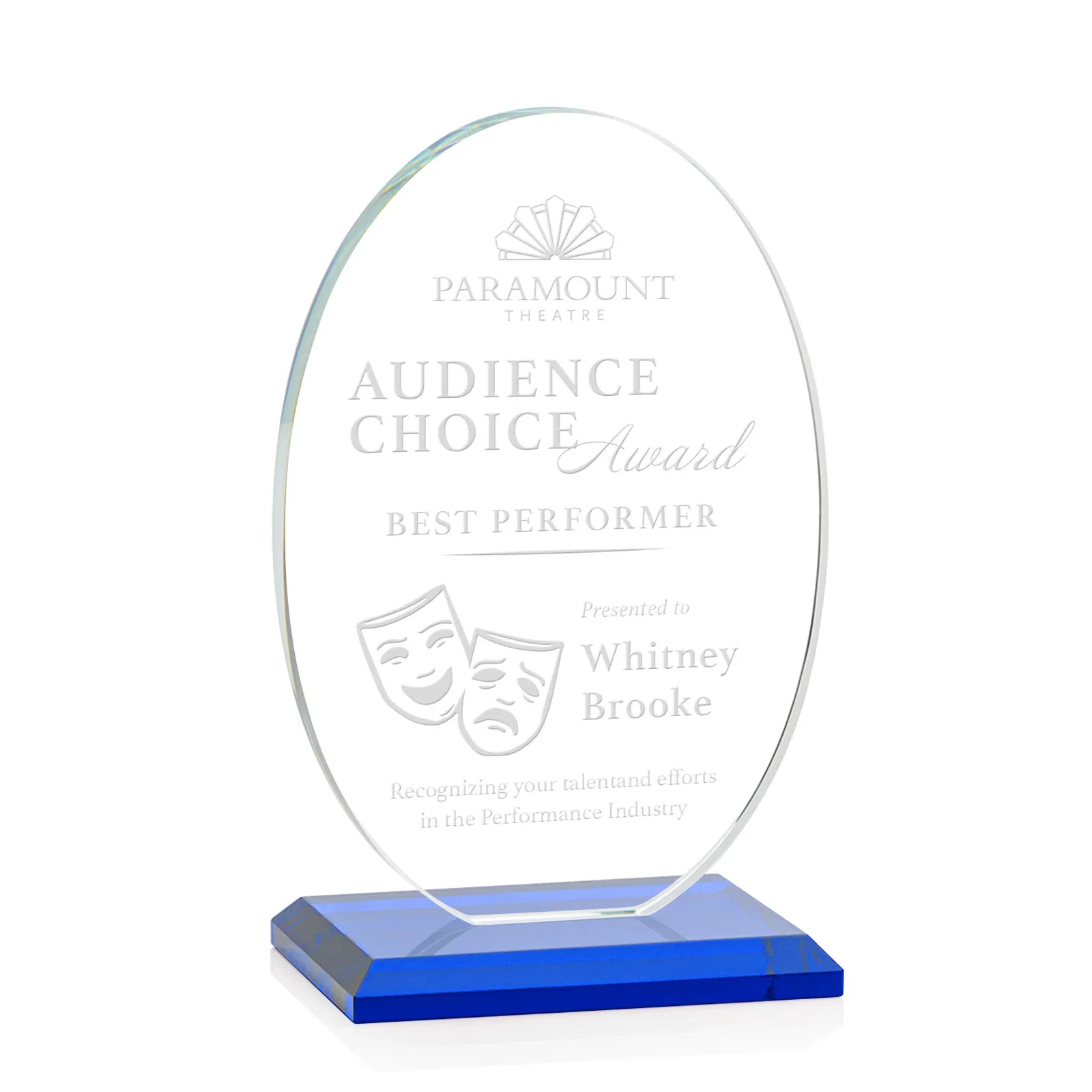 Personalized Starfire Crystal Half-Inch-Thick Oval Award, awards for dealer and partner awards
