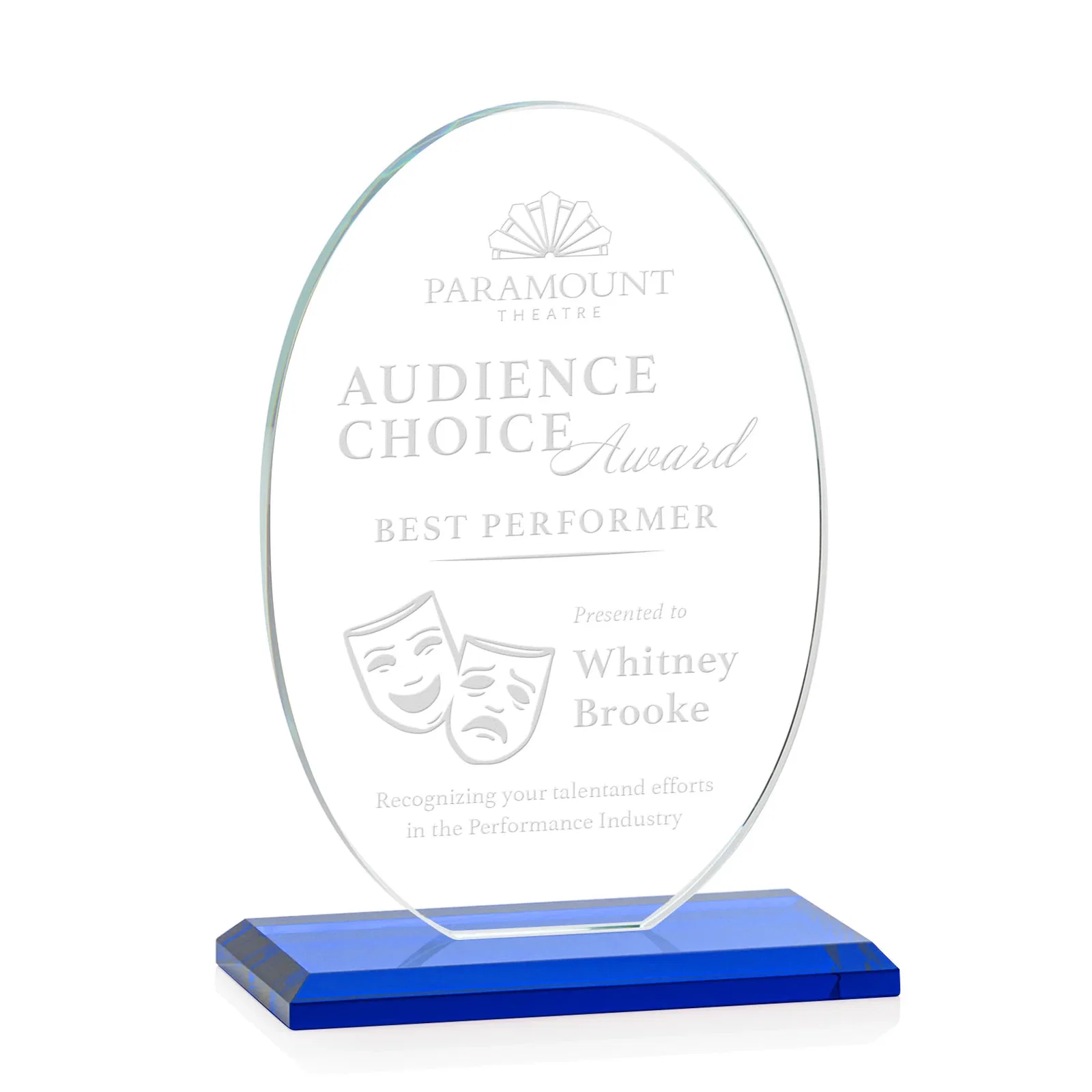 Personalized Starfire Crystal Half-Inch-Thick Oval Award, awards for company anniversary events
