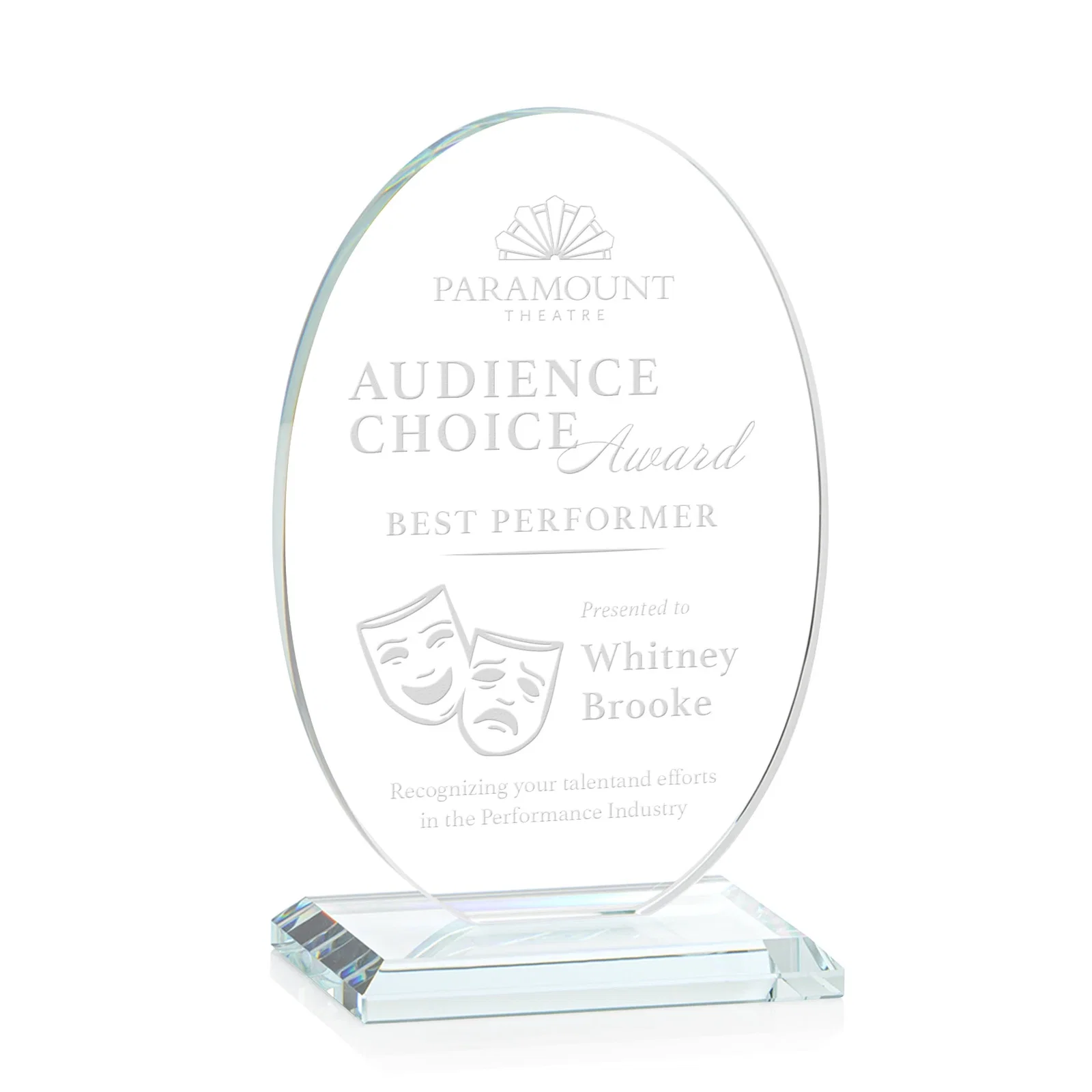Custom Starfire Crystal Half-Inch-Thick Oval Award, awards for service anniversary gifts