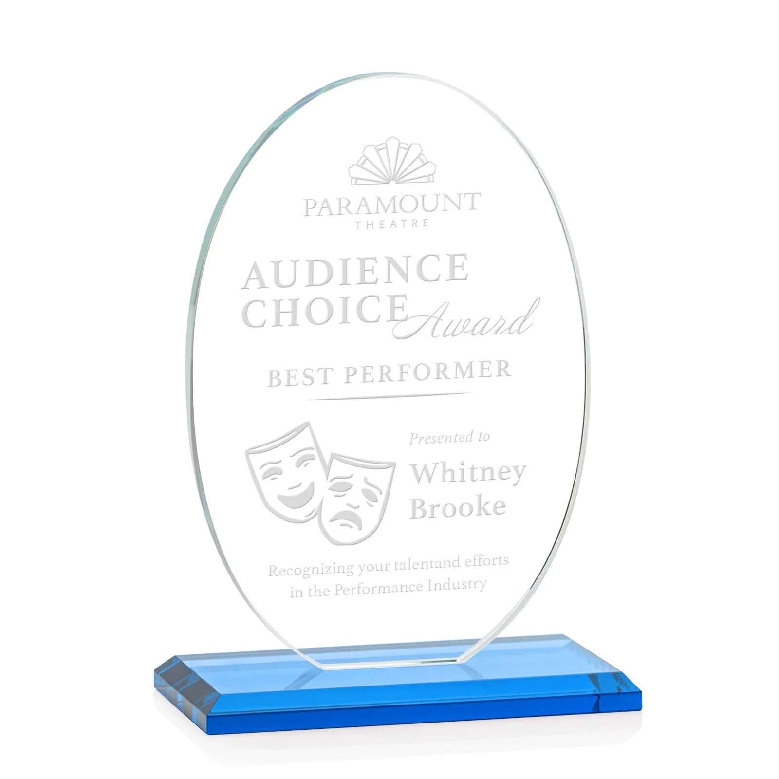 Promotional Starfire Crystal Half-Inch-Thick Oval Award, awards for volunteer appreciation