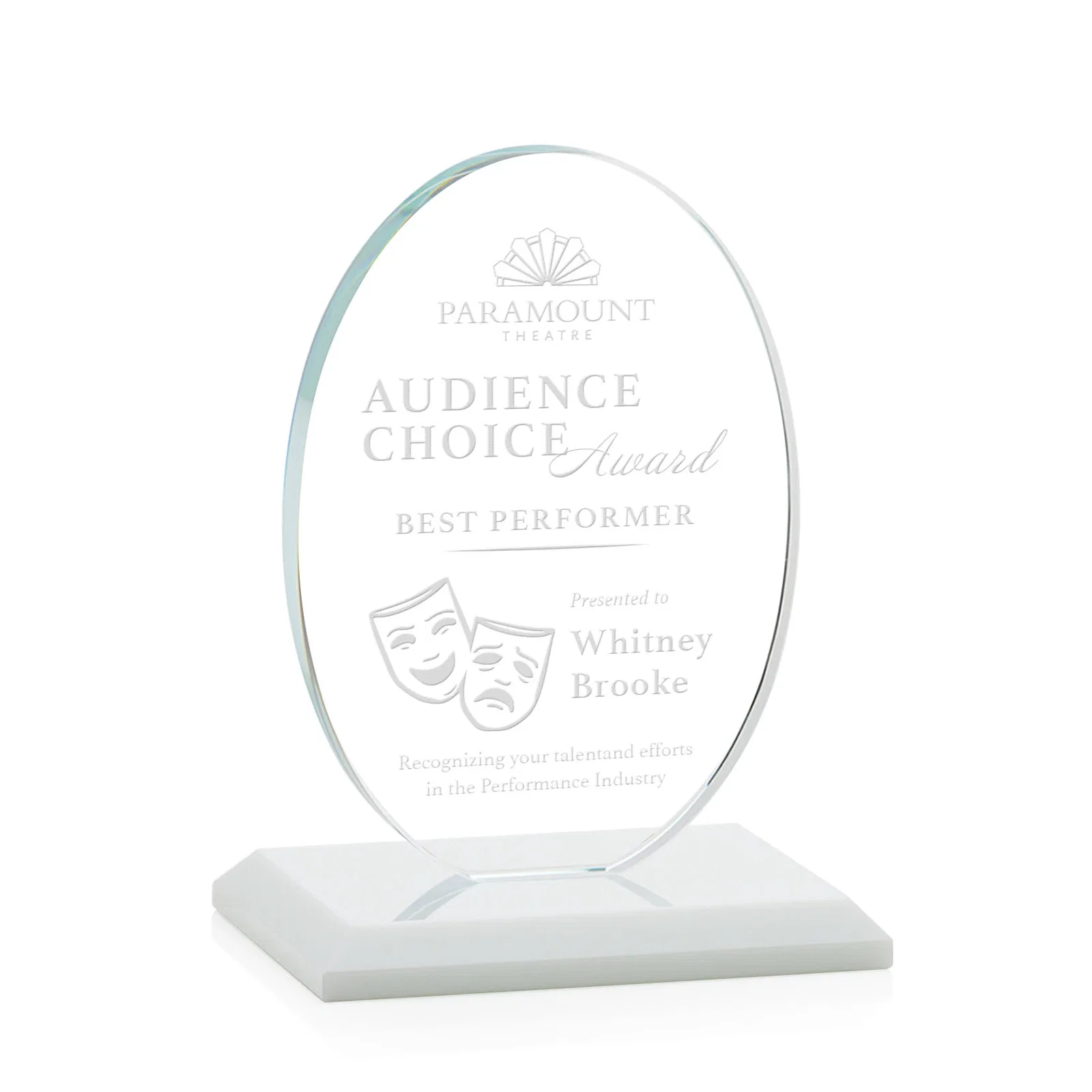 Branded Starfire Crystal Half-Inch-Thick Oval Award, awards for employee recognition