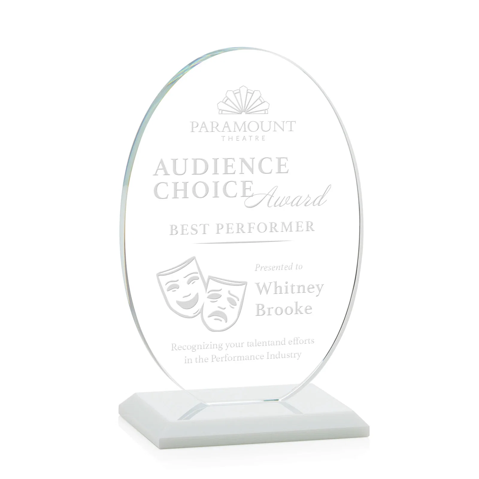 Branded Starfire Crystal Half-Inch-Thick Oval Award, awards for corporate award ceremonies