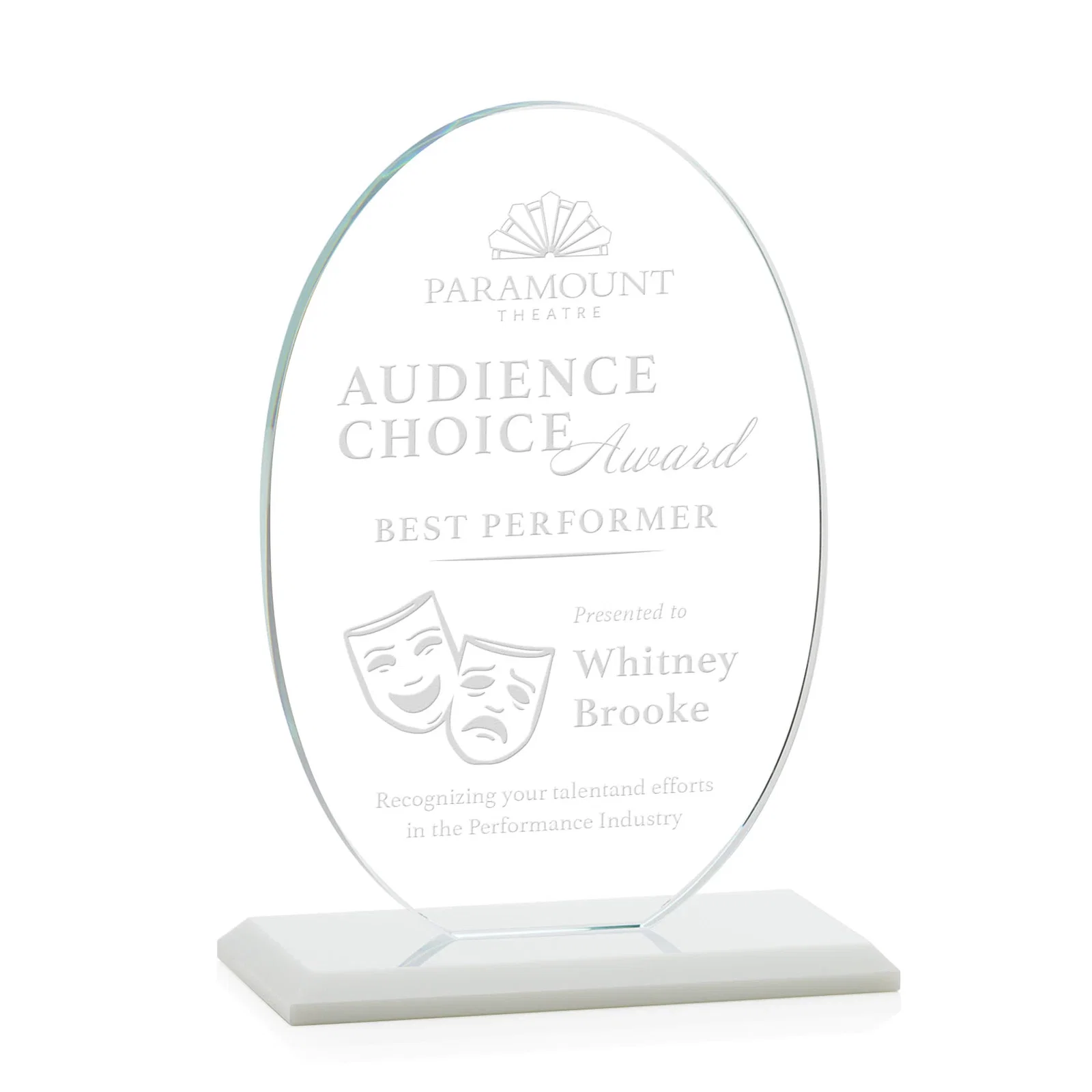 Branded Starfire Crystal Half-Inch-Thick Oval Award, awards for service anniversary gifts