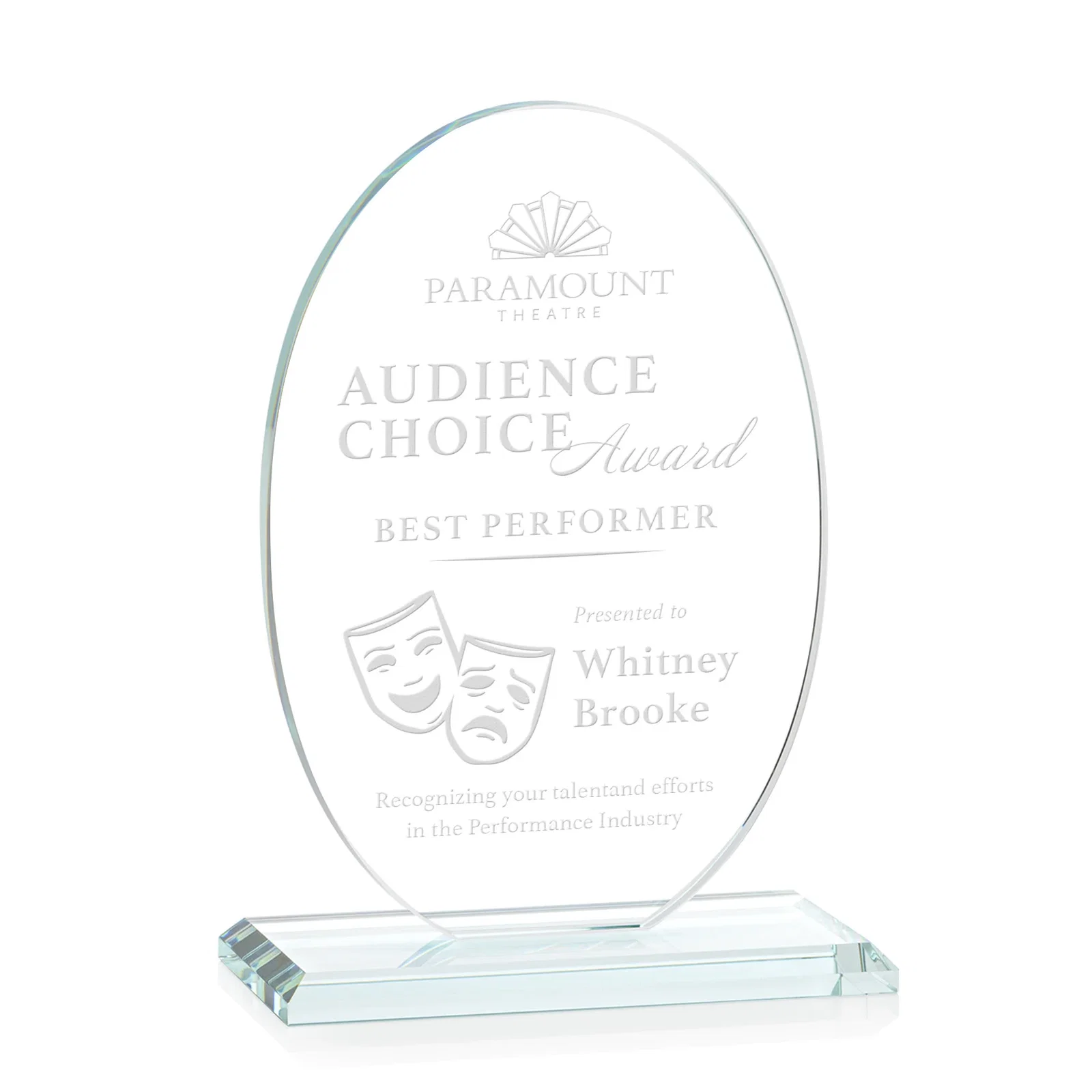 Custom Starfire Crystal Half-Inch-Thick Oval Award, awards for sales achievement awards