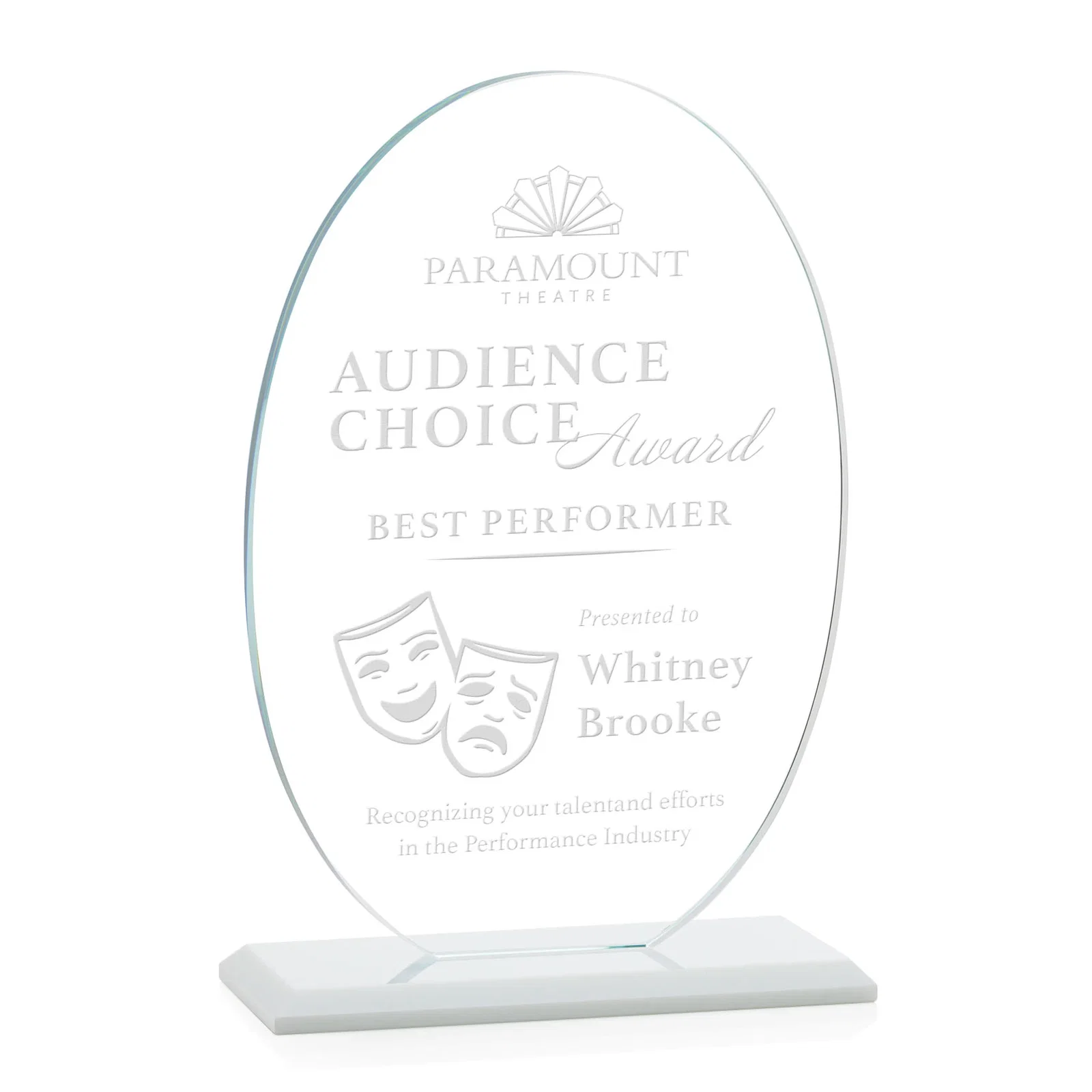 Branded Starfire Crystal Half-Inch-Thick Oval Award, awards for sales achievement awards