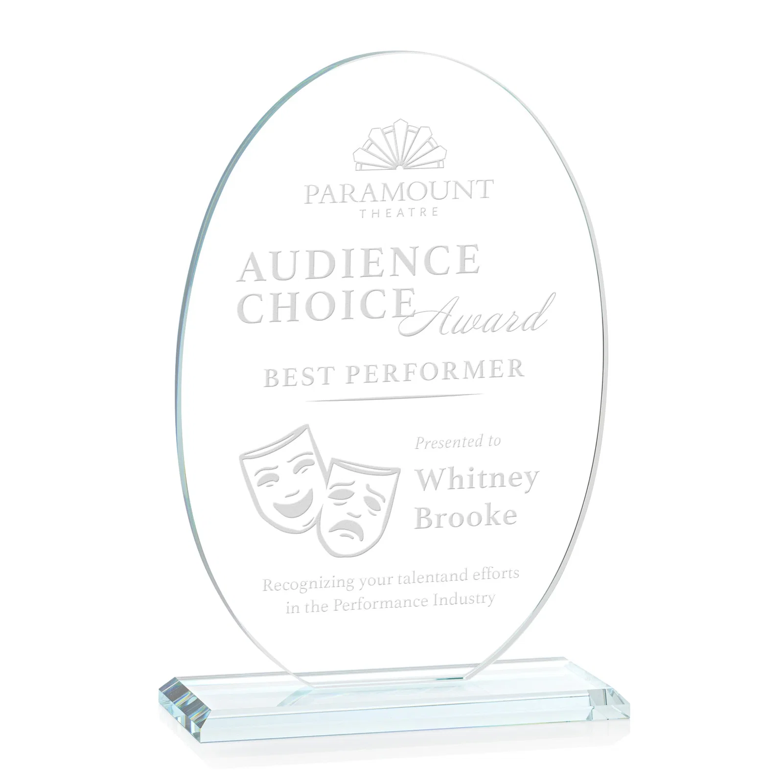 Custom Starfire Crystal Half-Inch-Thick Oval Award, awards for retirement presentations