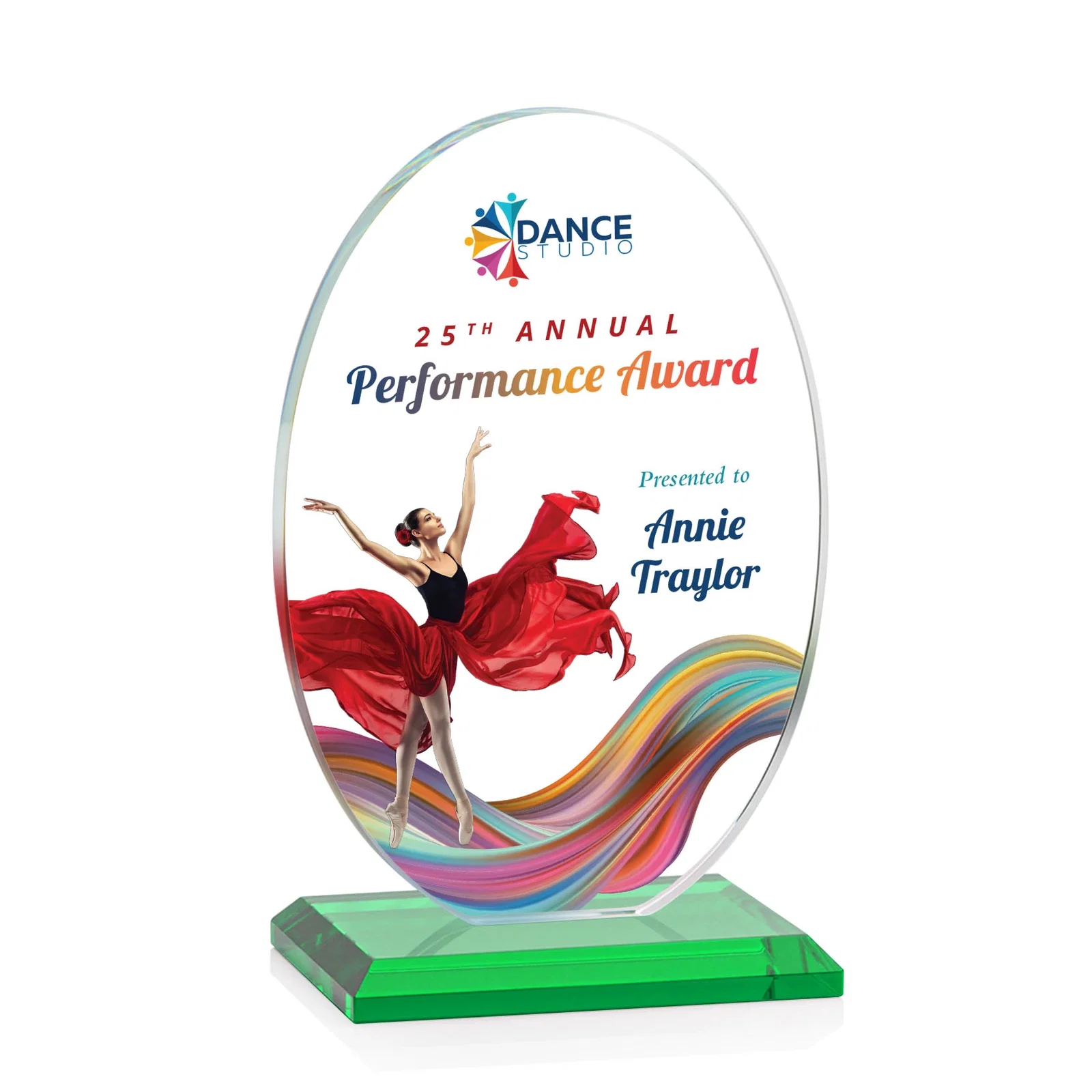 Custom printed Starfire Crystal Half-Inch-Thick Oval Award, awards for retirement presentations