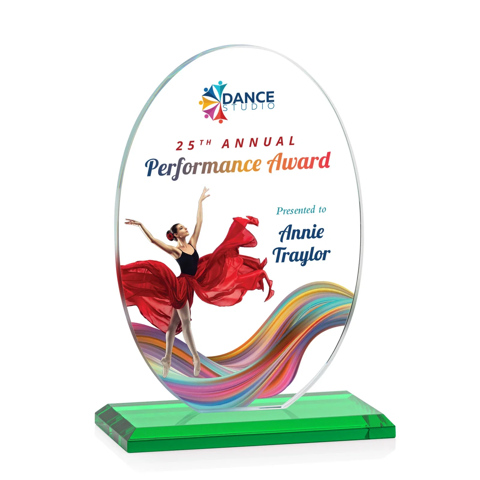 Custom printed Starfire Crystal Half-Inch-Thick Oval Award, awards for team milestone celebrations