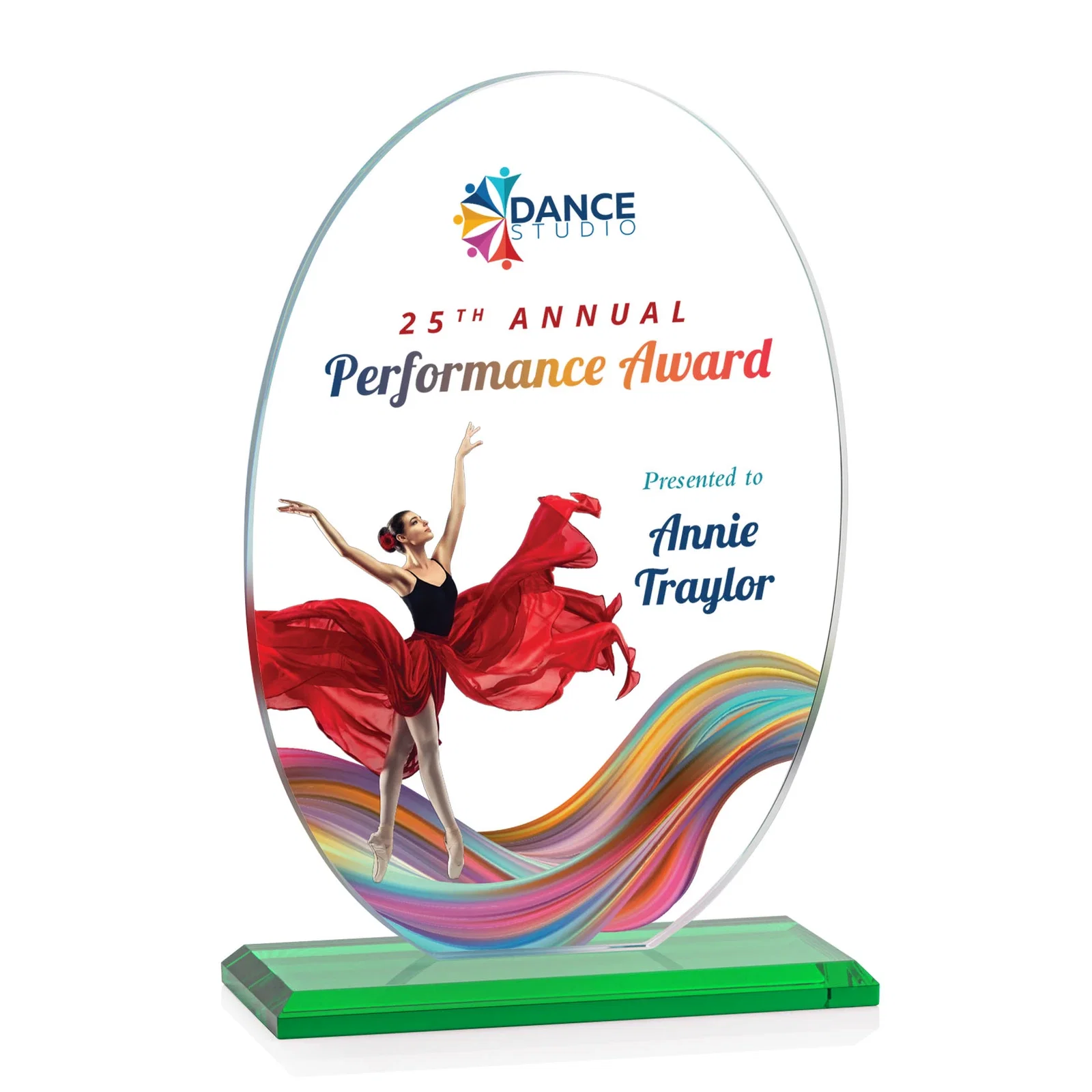 Custom printed Starfire Crystal Half-Inch-Thick Oval Award, awards for donor appreciation