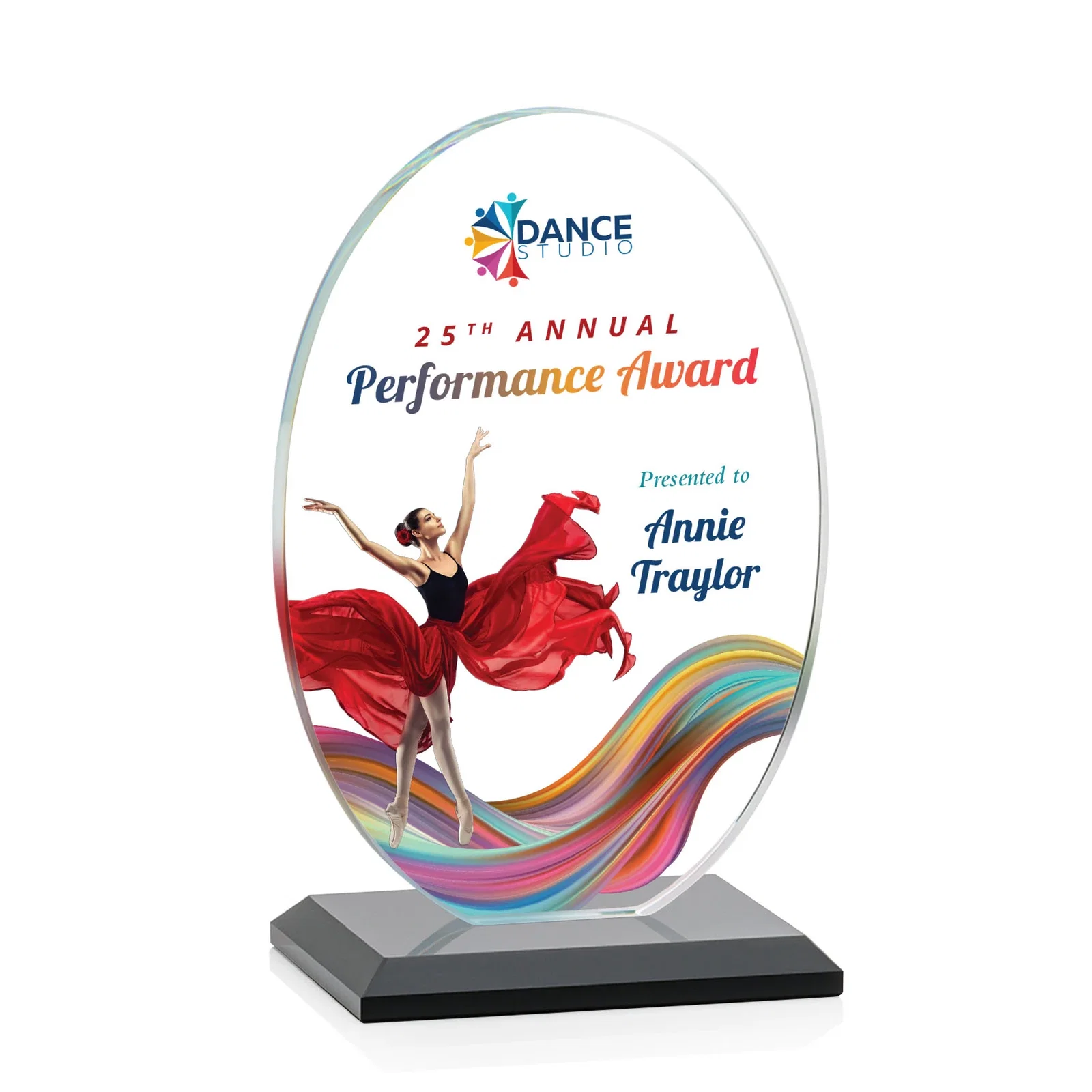 Custom printed Starfire Crystal Half-Inch-Thick Oval Award, awards for volunteer appreciation
