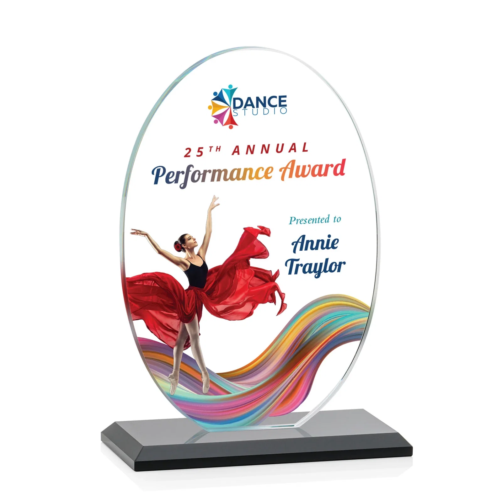 Custom printed Starfire Crystal Half-Inch-Thick Oval Award, awards for dealer and partner awards