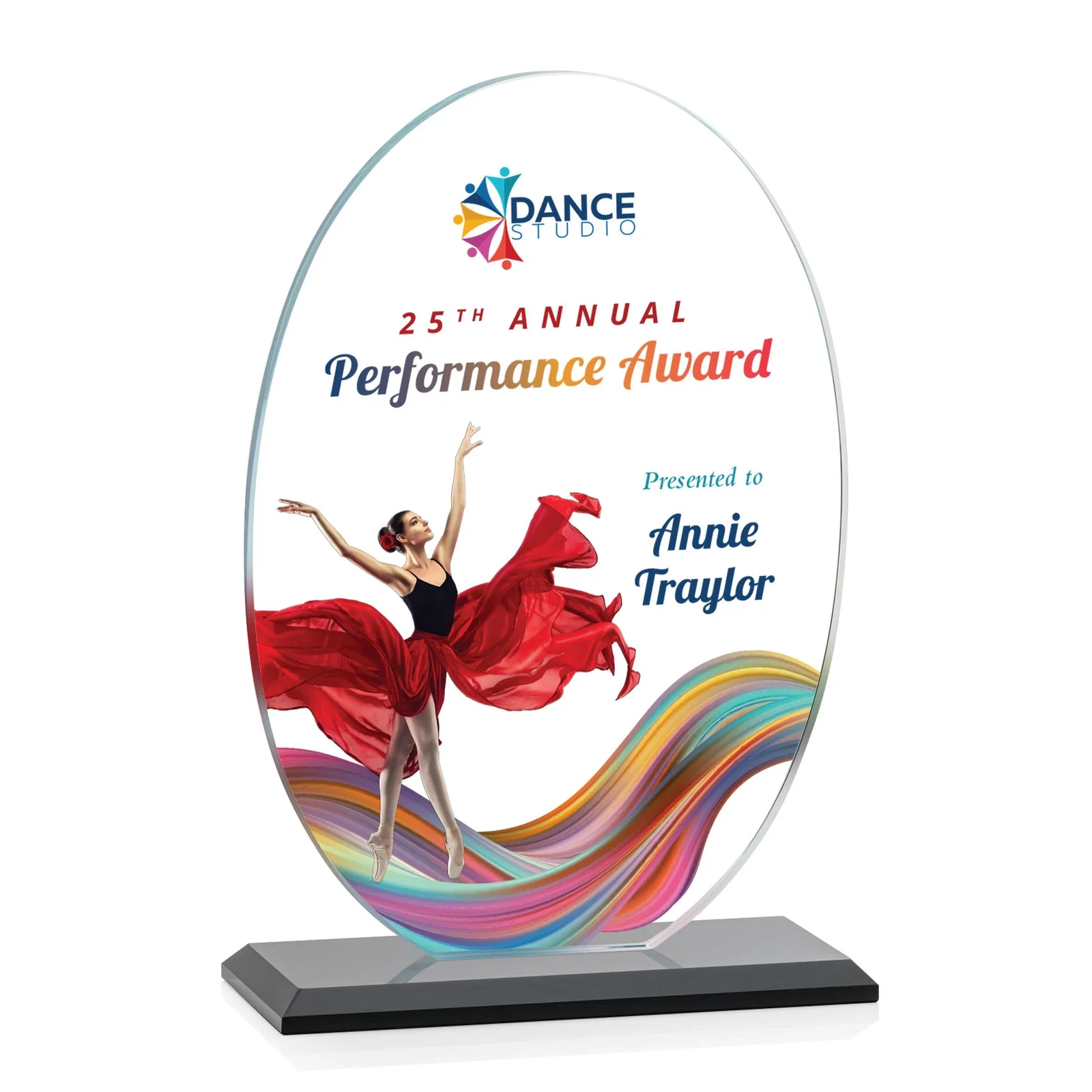 Custom printed Starfire Crystal Half-Inch-Thick Oval Award, awards for company anniversary events