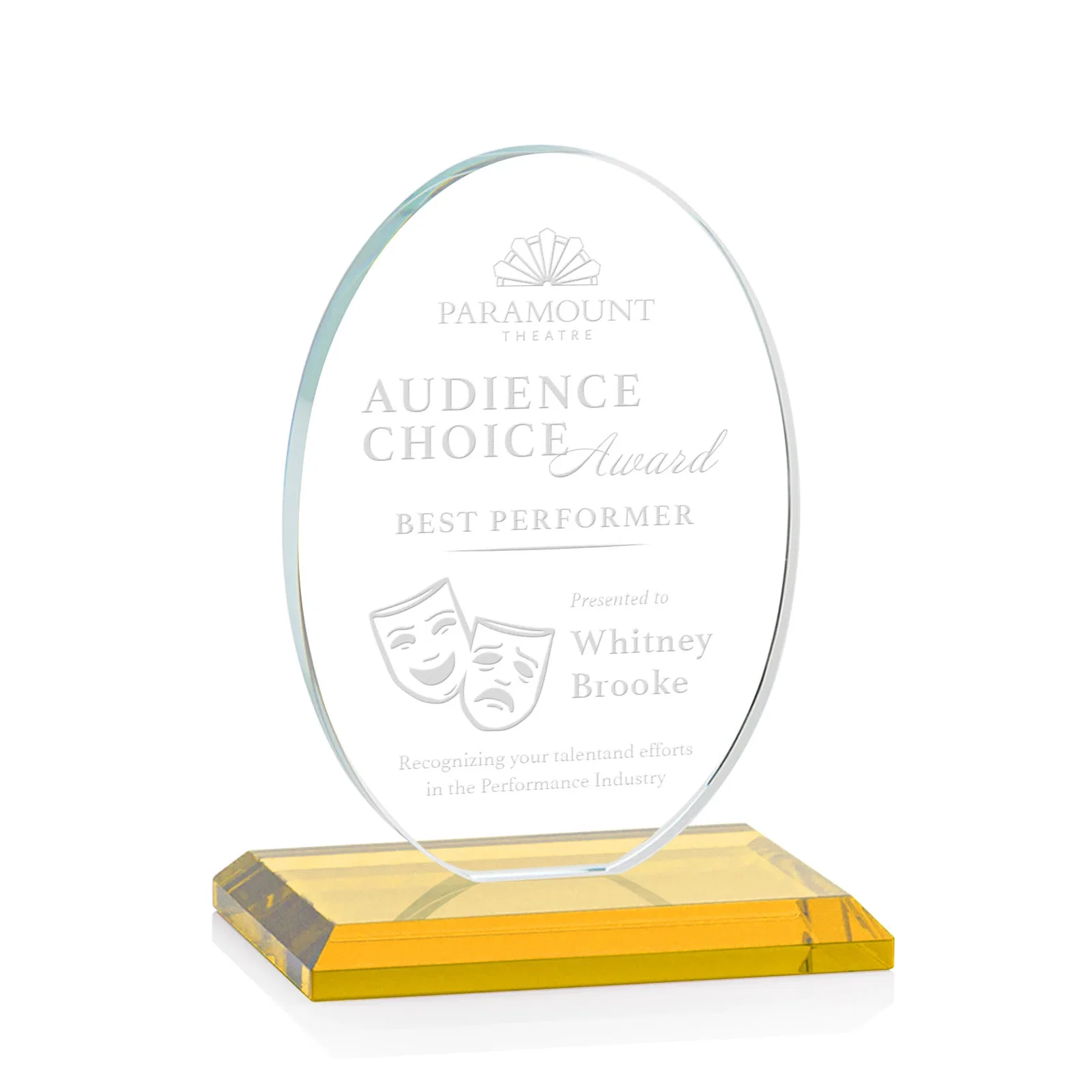 Custom Starfire Crystal Half-Inch-Thick Oval Award, awards for donor appreciation