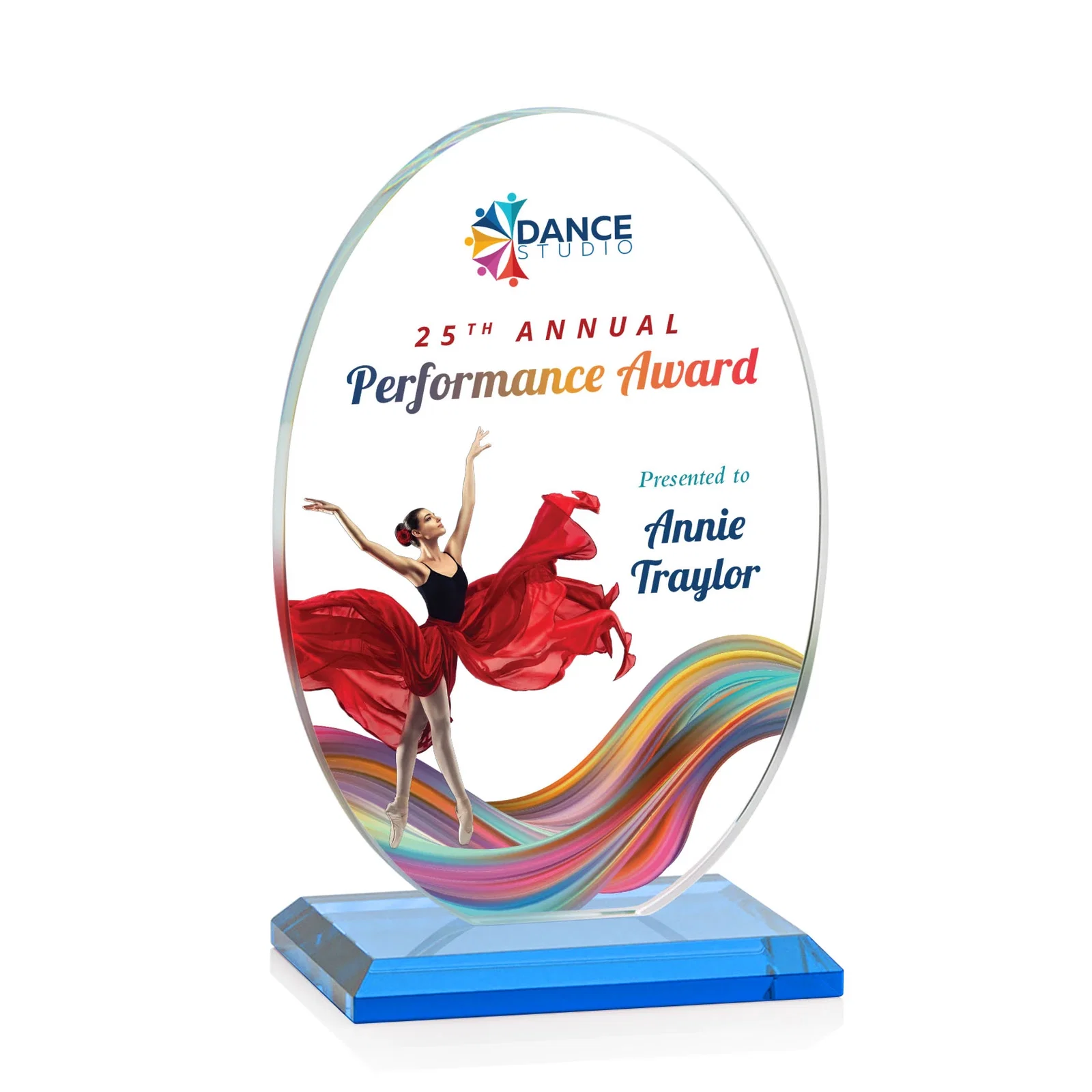 Custom engraved Starfire Crystal Half-Inch-Thick Oval Award, awards for employee recognition