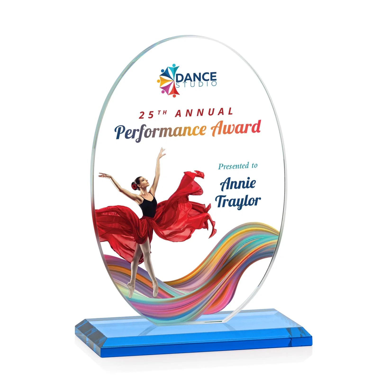 Custom engraved Starfire Crystal Half-Inch-Thick Oval Award, awards for corporate award ceremonies