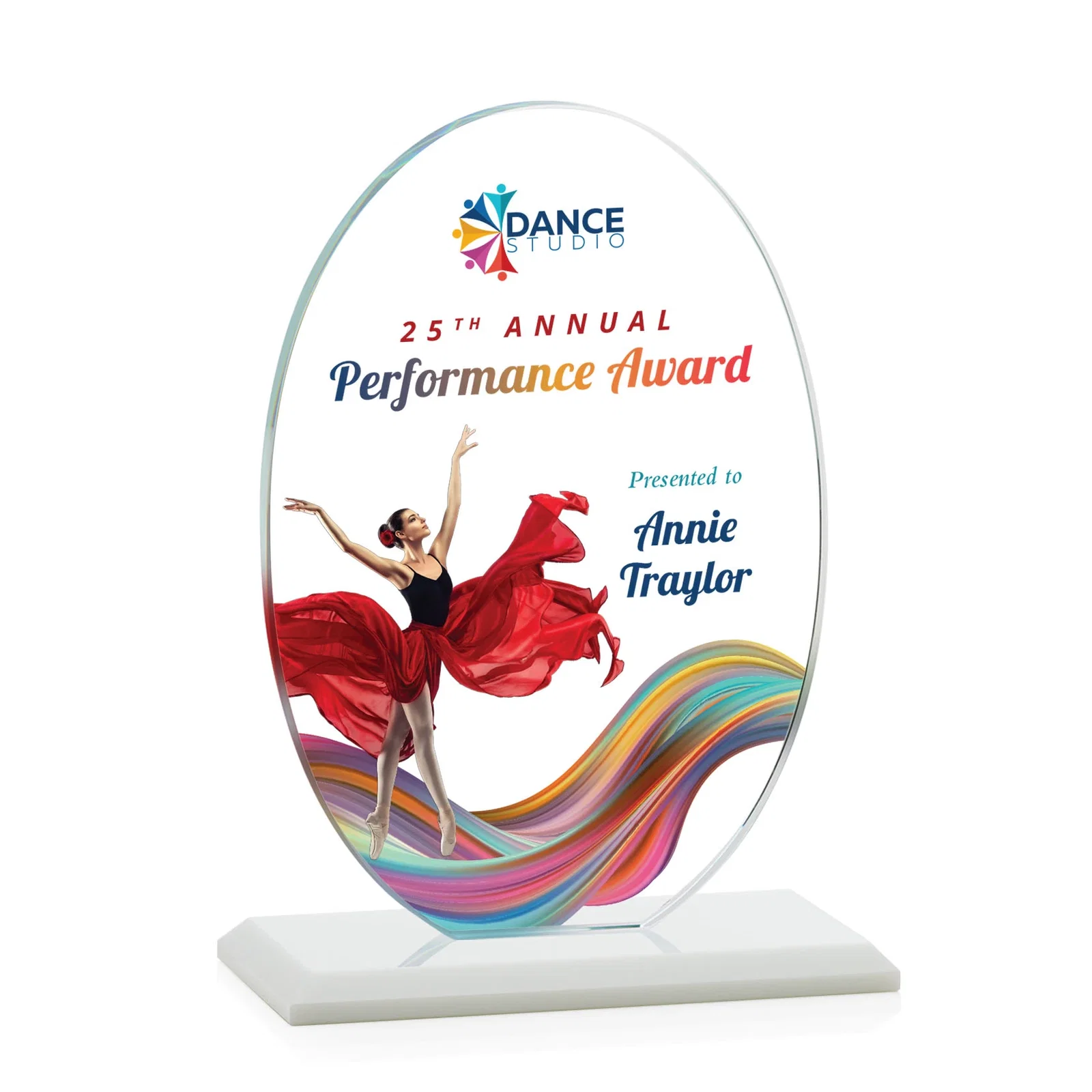 Custom engraved Starfire Crystal Half-Inch-Thick Oval Award, awards for donor appreciation